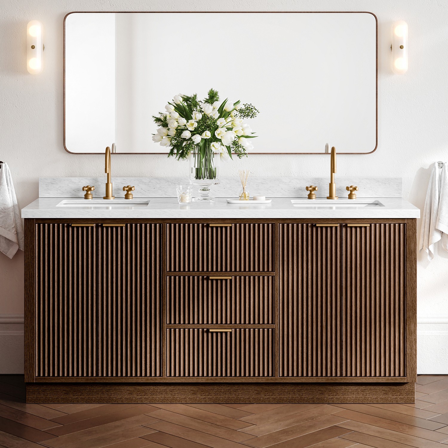 ARIEL Milan 72-in Brown Oak Undermount Double Sink Bathroom Vanity with Carrara White Marble Marble Top