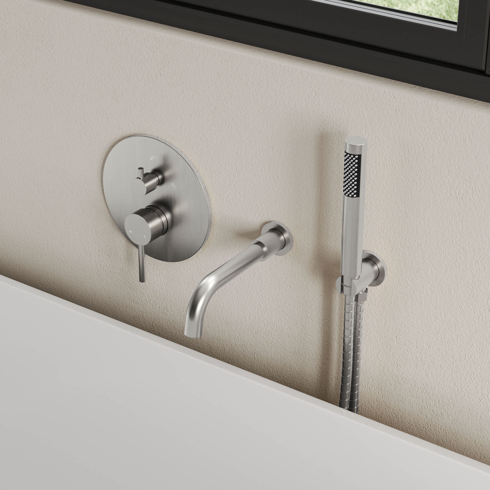 EVERSTEIN SFS-1137-NK Brushed Nickel Tub Faucet with Rough-in Valve Wall Mounted Tub Spout with Handheld Shower