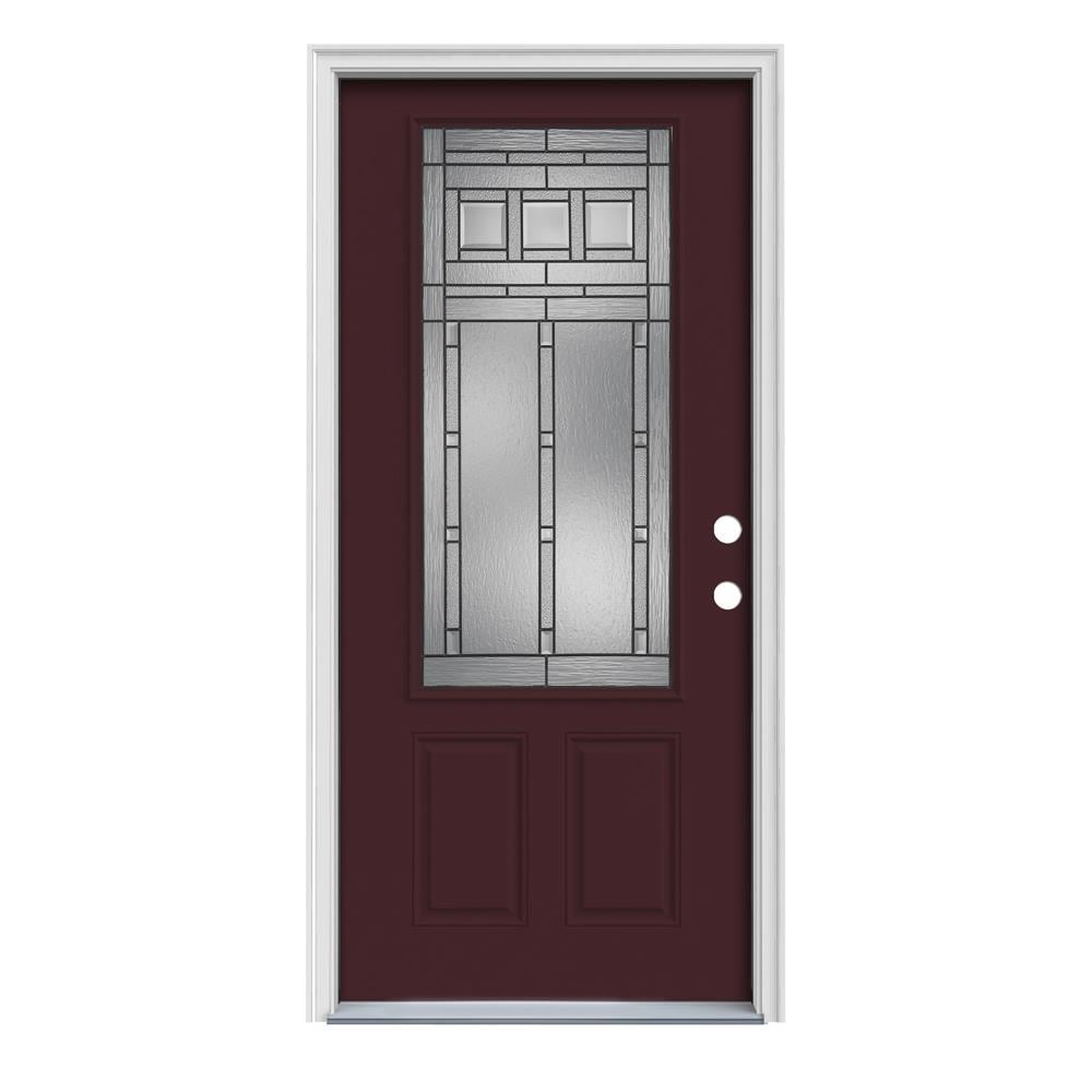 JELD-WEN LOWOLJW166700529 Craftsman 32-in x 80-in x 4-9/16-in Steel 3/4 lite Left-hand inswing Currant Painted Prehung Front Door with Brickmould Insulating core