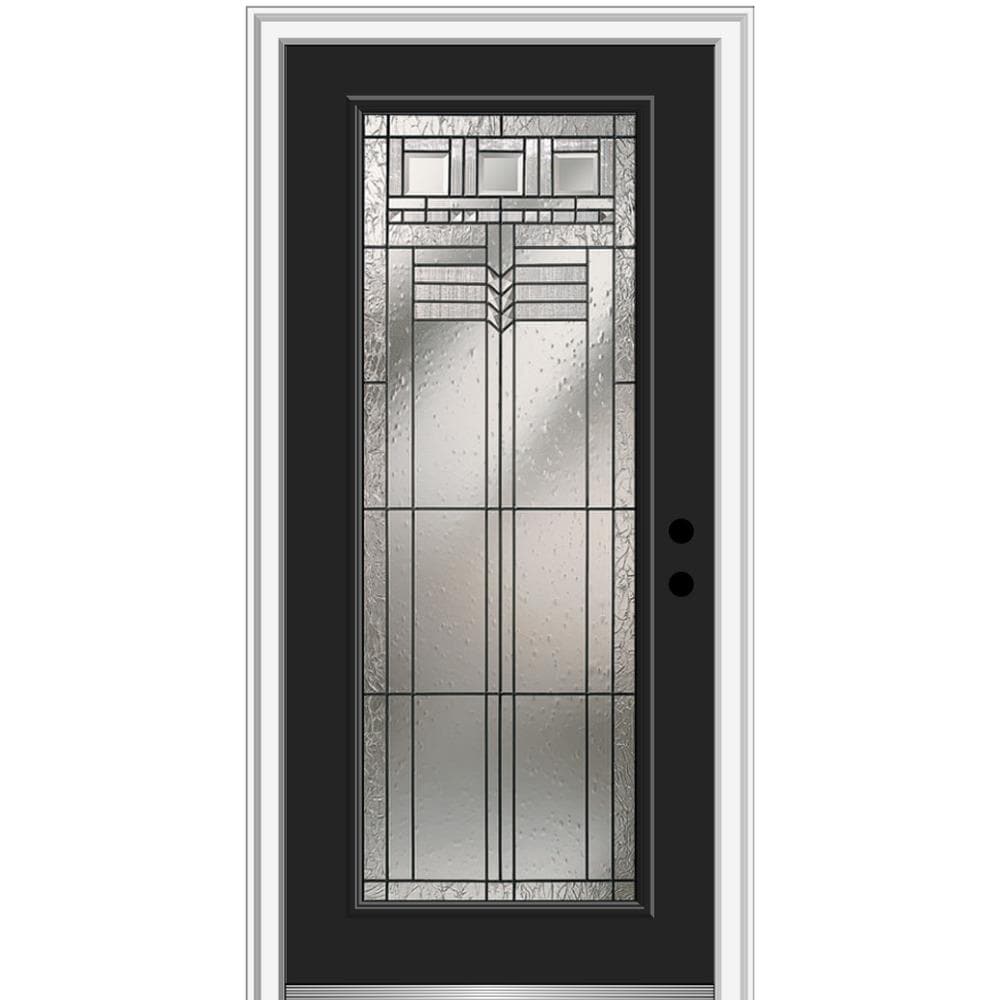 MMI DOOR ZZ3664477L 32-in x 80-in x 6-9/16-in Fiberglass Full lite Left-hand inswing Black Painted Prehung Front Door with Brickmould Insulating core