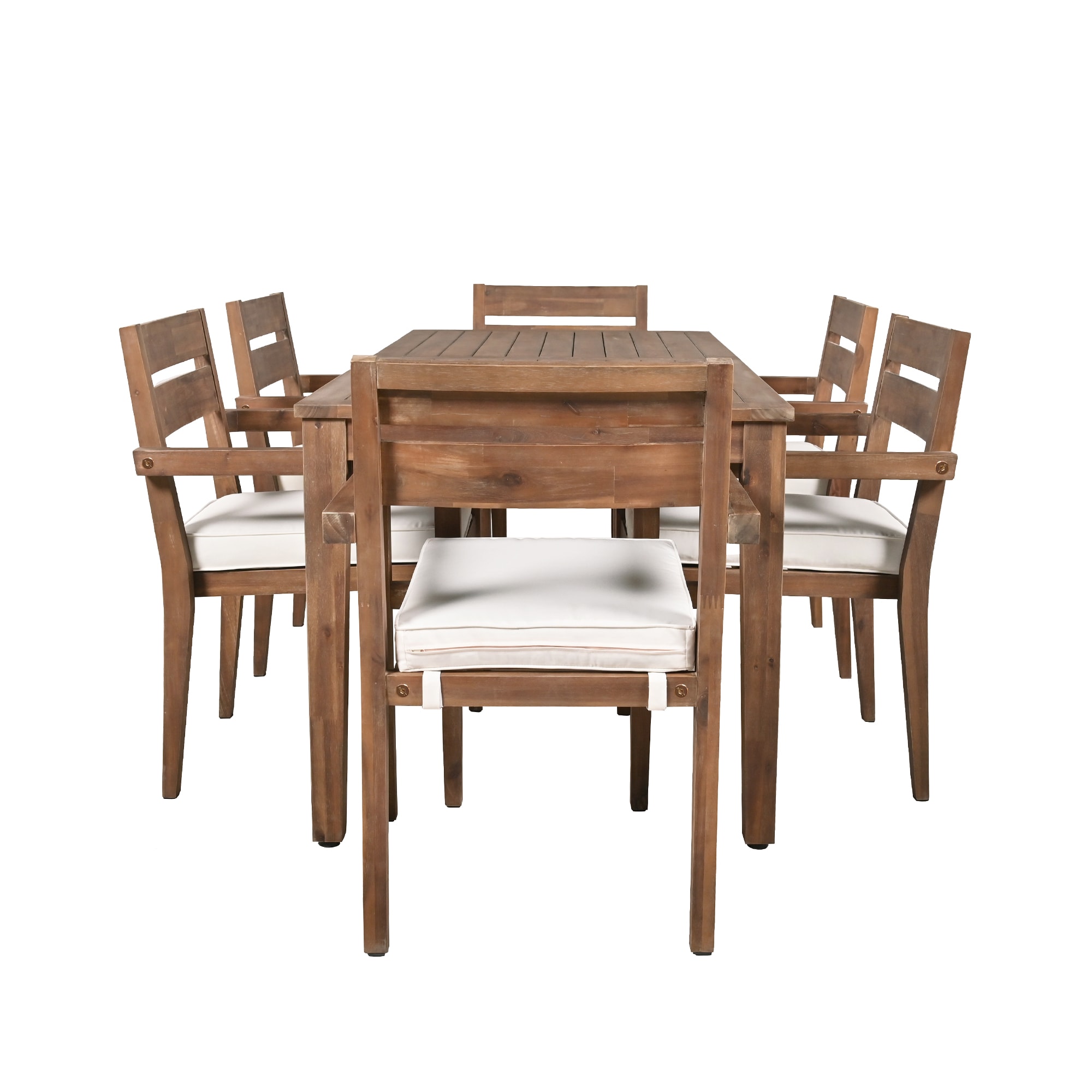 Nestfair FEUS00315D 7 -Piece Burly Wood Patio Dining Set Wood Rectangle Table with 6 Off-white Cushions Stationary Chairs