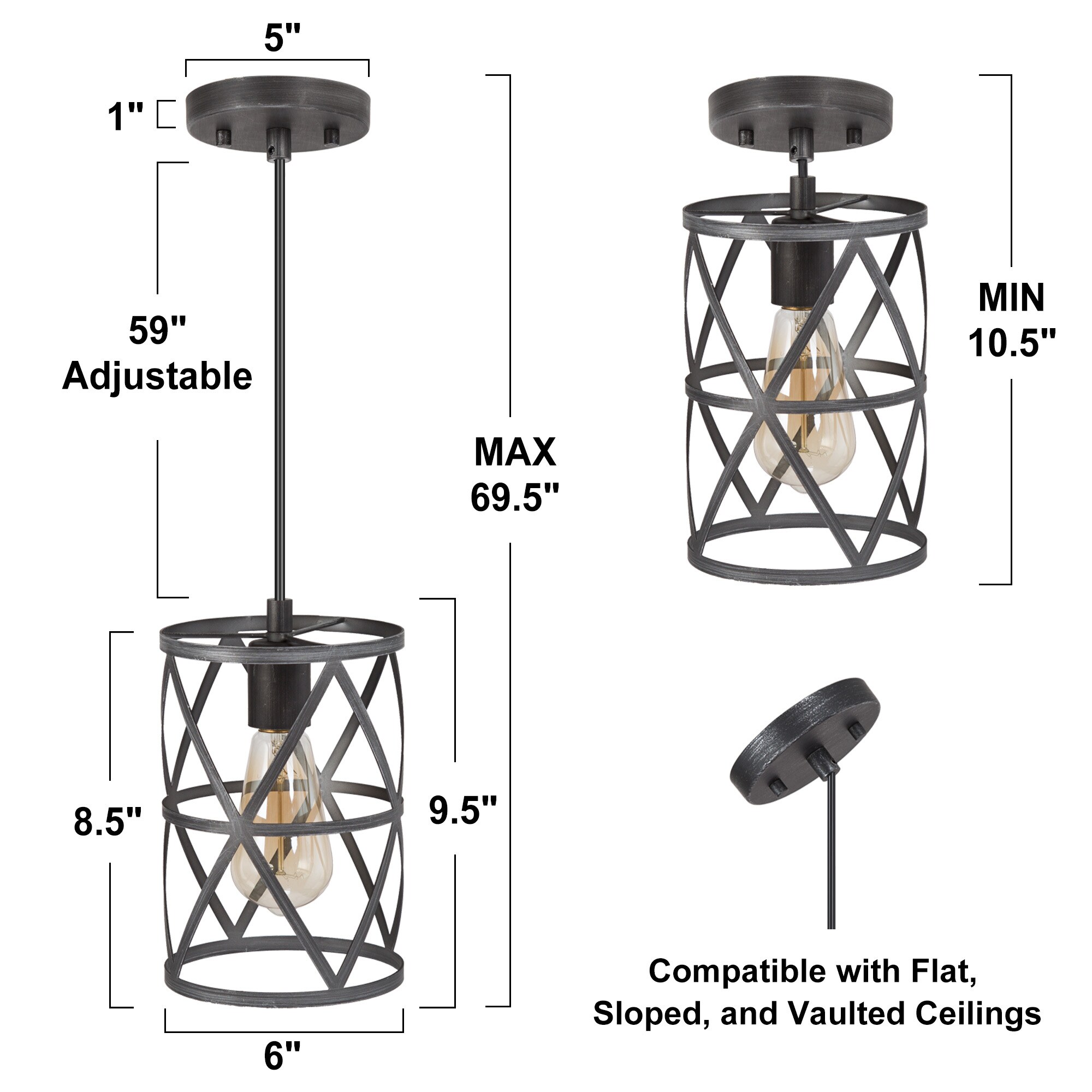 Lnc Mocha Brushed Black Cage Farmhouse Cylinder Led Mini Hanging 