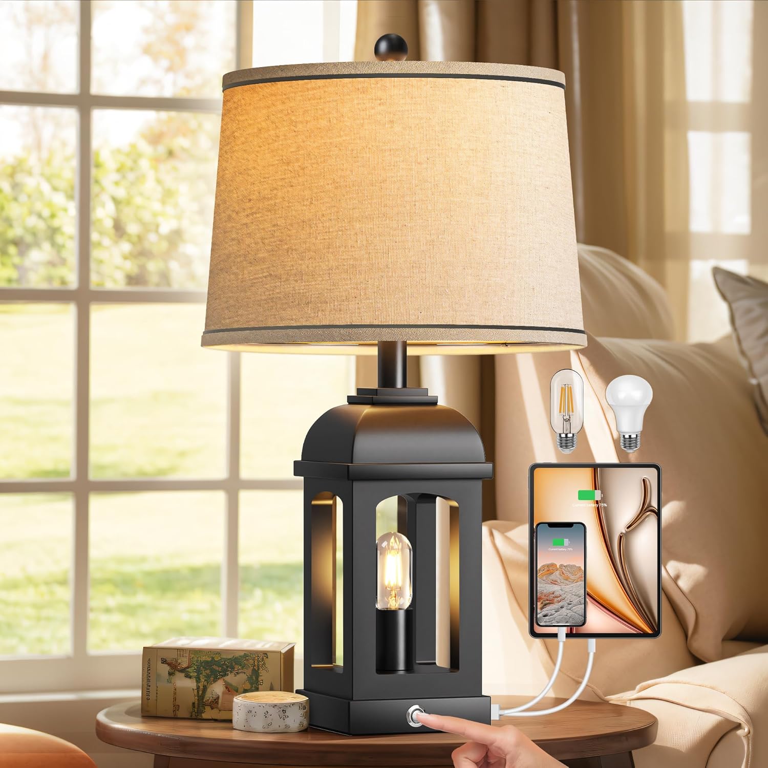 Cinoton Table Lamp for Living Room Farmhouse Lamps with USB A C and Nightlight Rustic Bedside Lamps with 3-Way Dimmable Touch Control Nightstand Lamp for Bedroom Black 1 Pack
