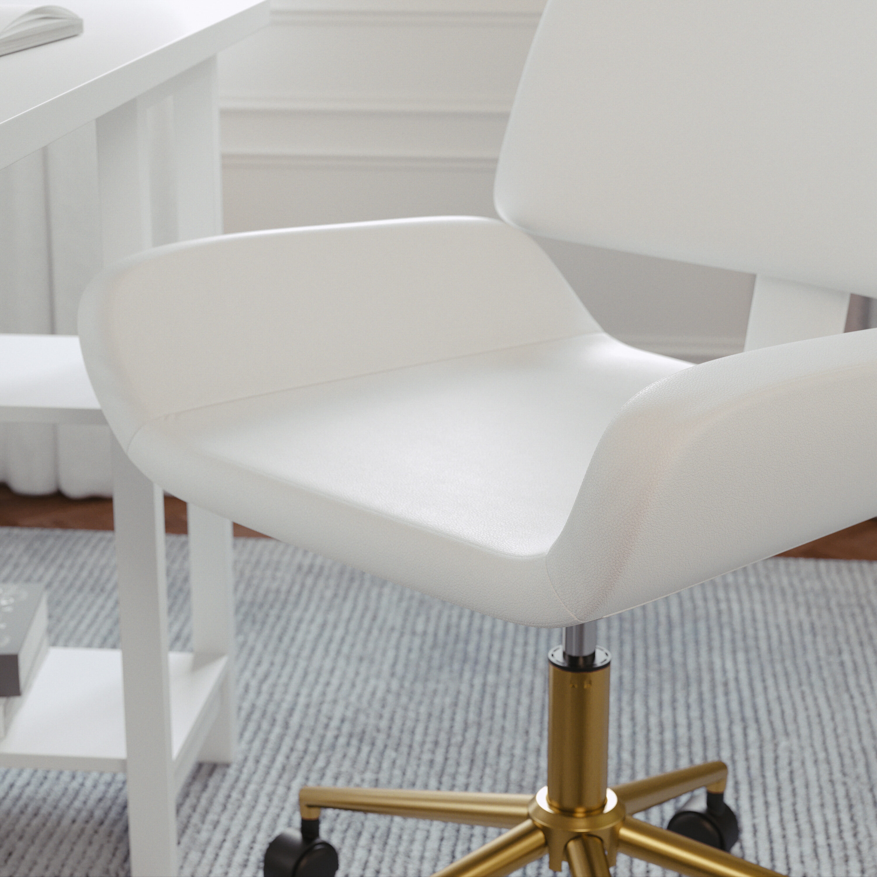 White Faux Leather Armless Swivel Office Chair with Brass Base
