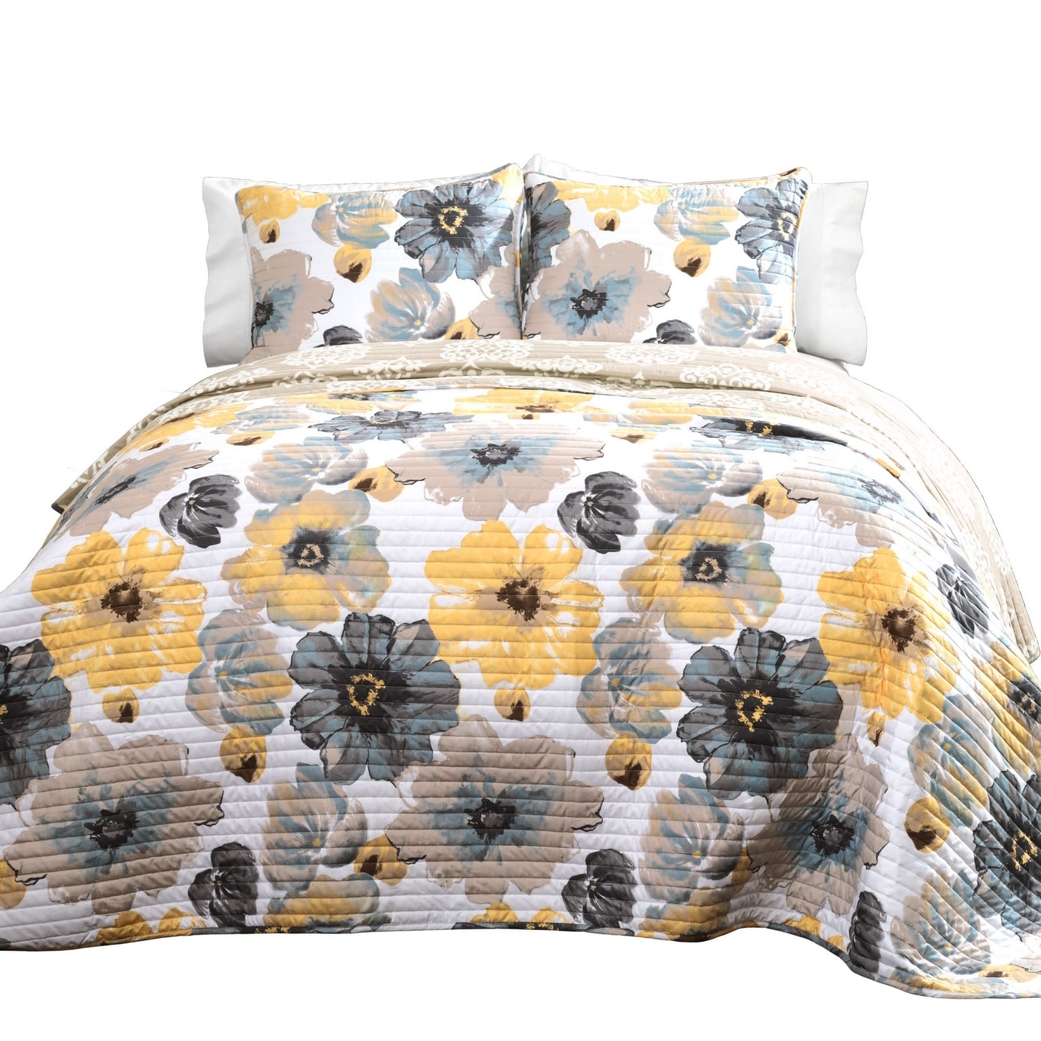 Leah Yellow and Gray Reversible Floral Full Quilt Set