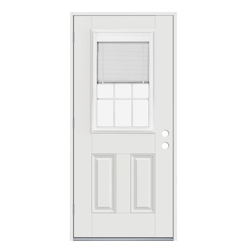 JELD-WEN JW228500009 32-in x 80-in x 4-9/16-in Steel Half lite Right-hand outswing Primed Prehung Front Door Insulating core with Blinds and Grilles