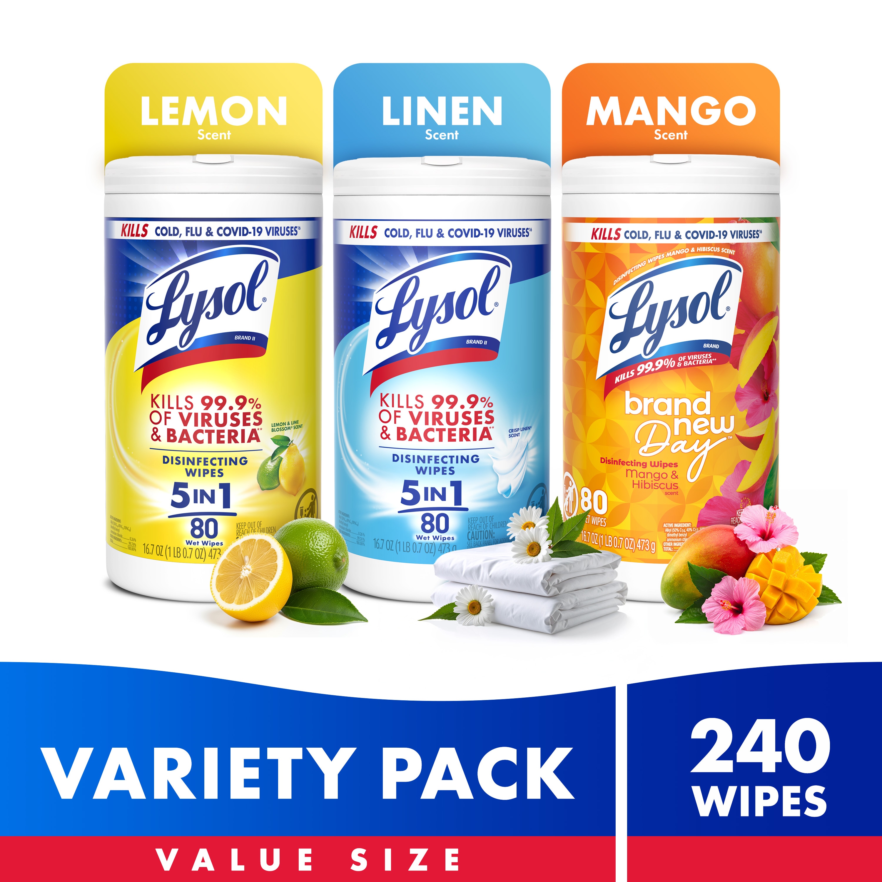 LYSOL 240 -Count Crisp Linen, Lemon, Mango and Hibiscus Disinfectant Wipes All-Purpose Cleaner 3 -Pack