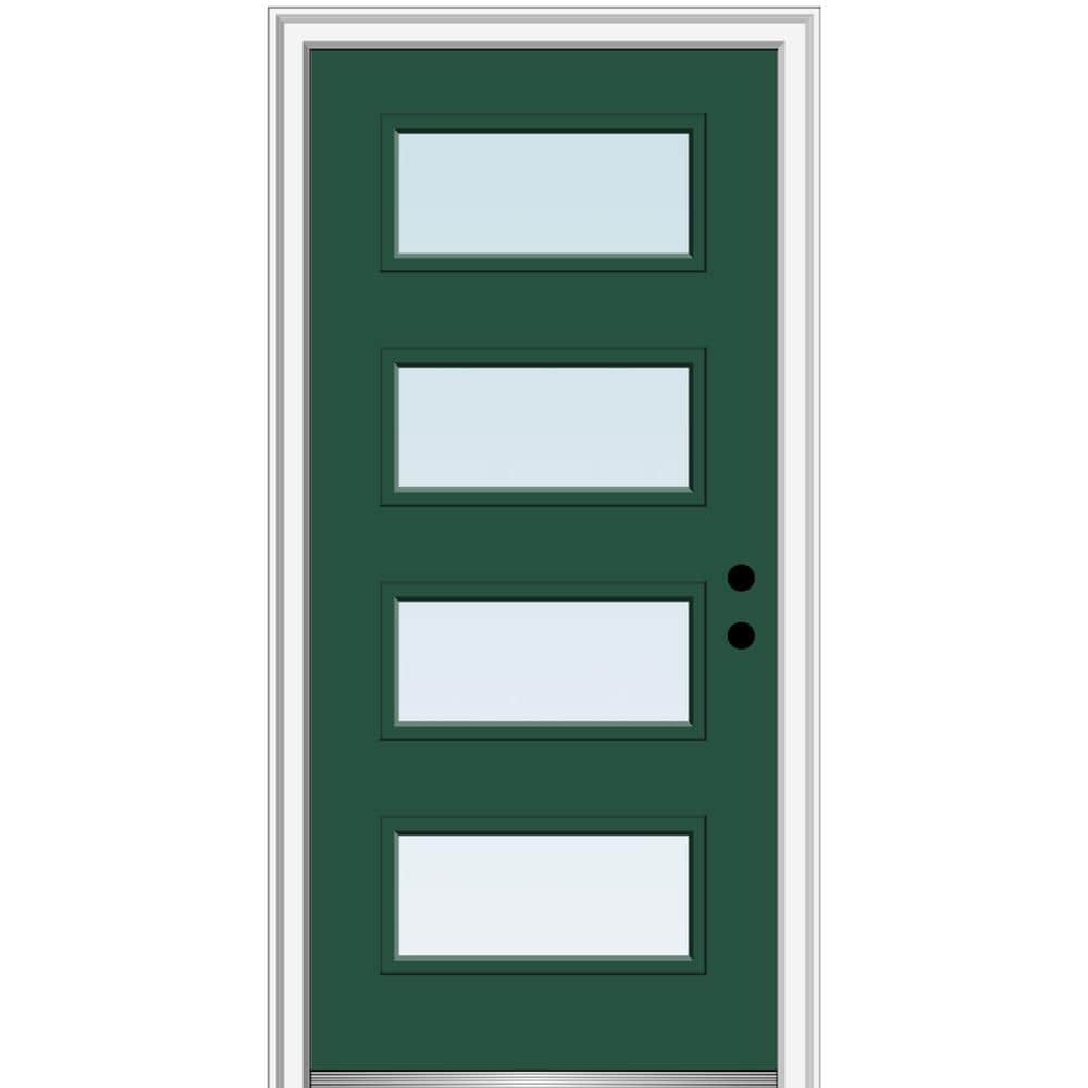 MMI DOOR ZZ345645L Spotlights 32-in x 80-in x 4-9/16-in Fiberglass Full lite Left-hand inswing Hunter Green Painted Prehung Front Door with Brickmould Insulating core