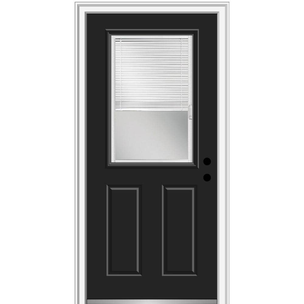 MMI DOOR ZZ01720L 32-in x 80-in x 4-9/16-in Fiberglass Half lite Left-hand inswing Black Painted Prehung Front Door with Brickmould Insulating core with Blinds