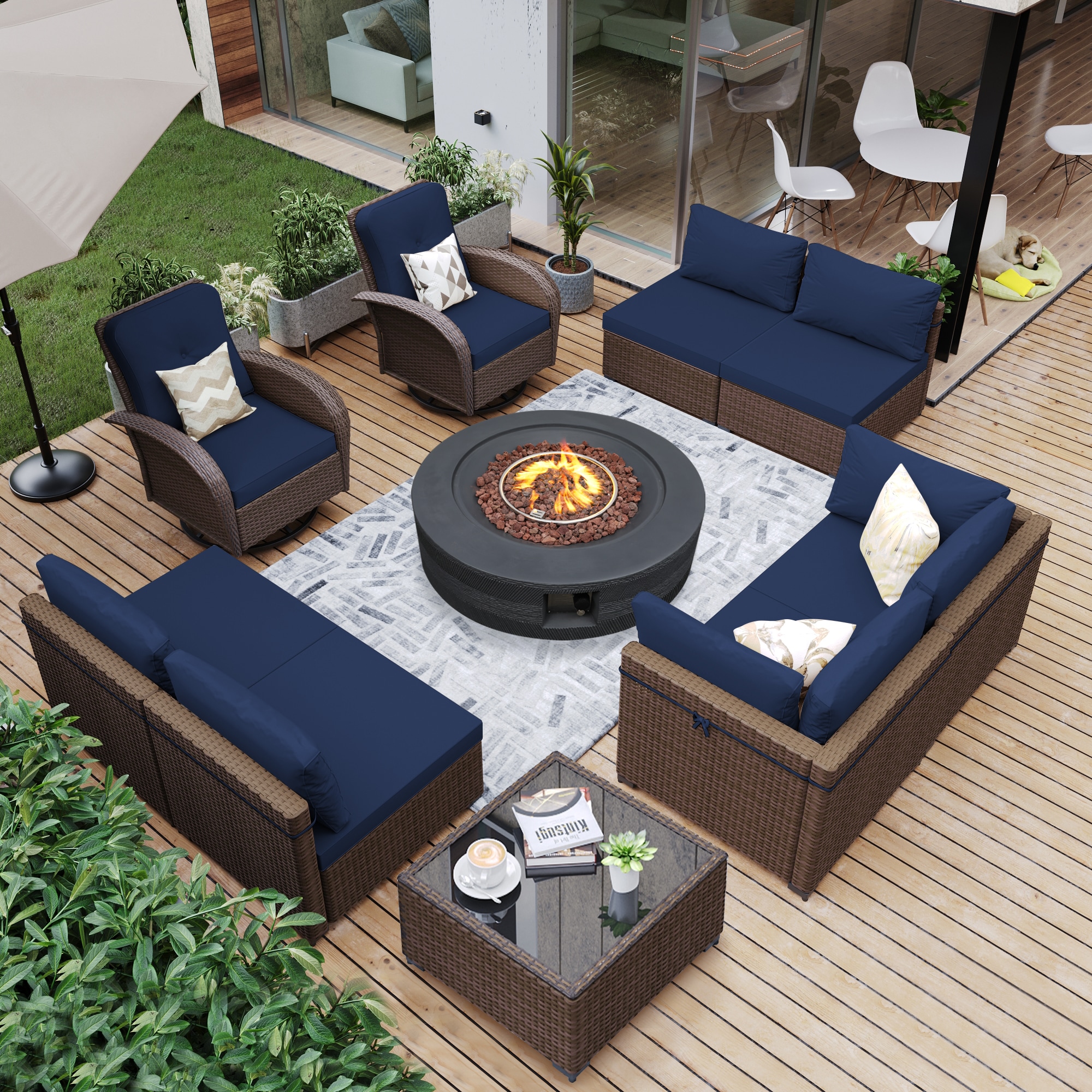 UPHA PL-2CZY11-42XDK-Z2 10-Piece Brown Wicker Conversation Set with 42 in. Gray Gas Propane Concrete Fire Pit Table and Swivel Chairs, Navy Blue Cushions 10 -Piece Wicker 4 Patio Sofa Conversation Set with Navy Cushions