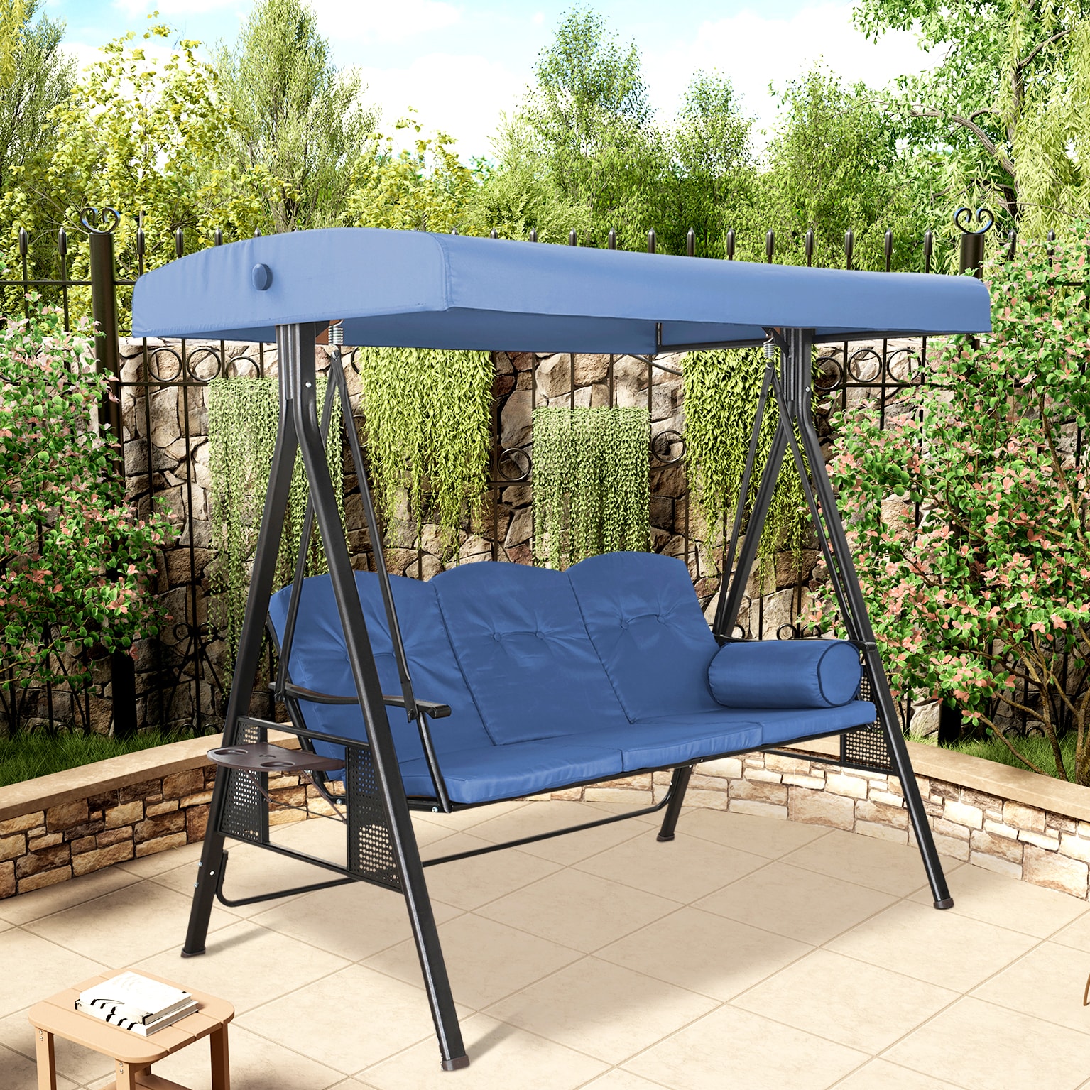 Clihome 3-Seat Porch Swing Glider 3-person Dark Steel Outdoor Swing in ...