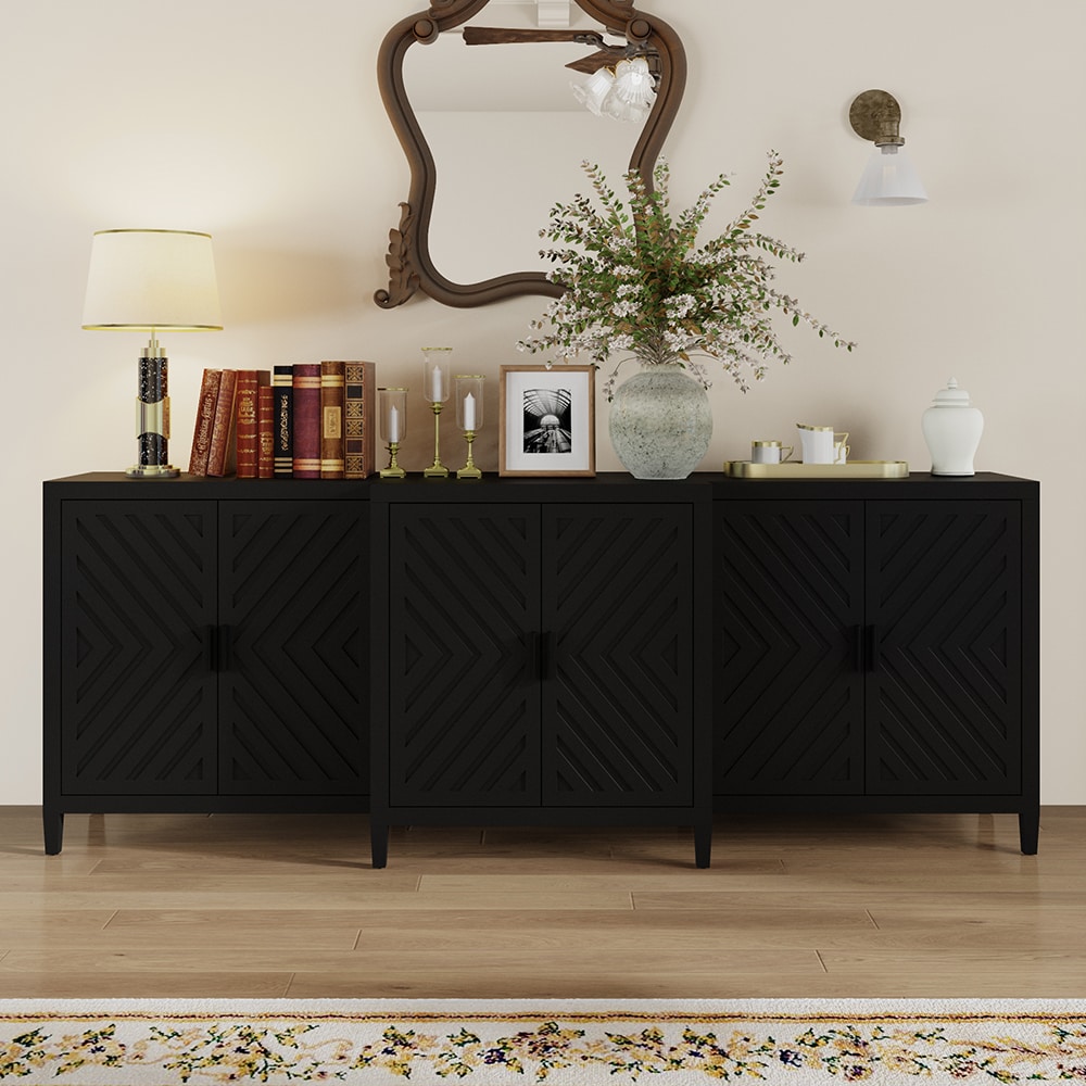 Homsee V-KF210335-01-AB Modern Black Textured Sideboard Cabinet with Fluted Doors and Raised Legs 94 Inch Storage Console Buffet