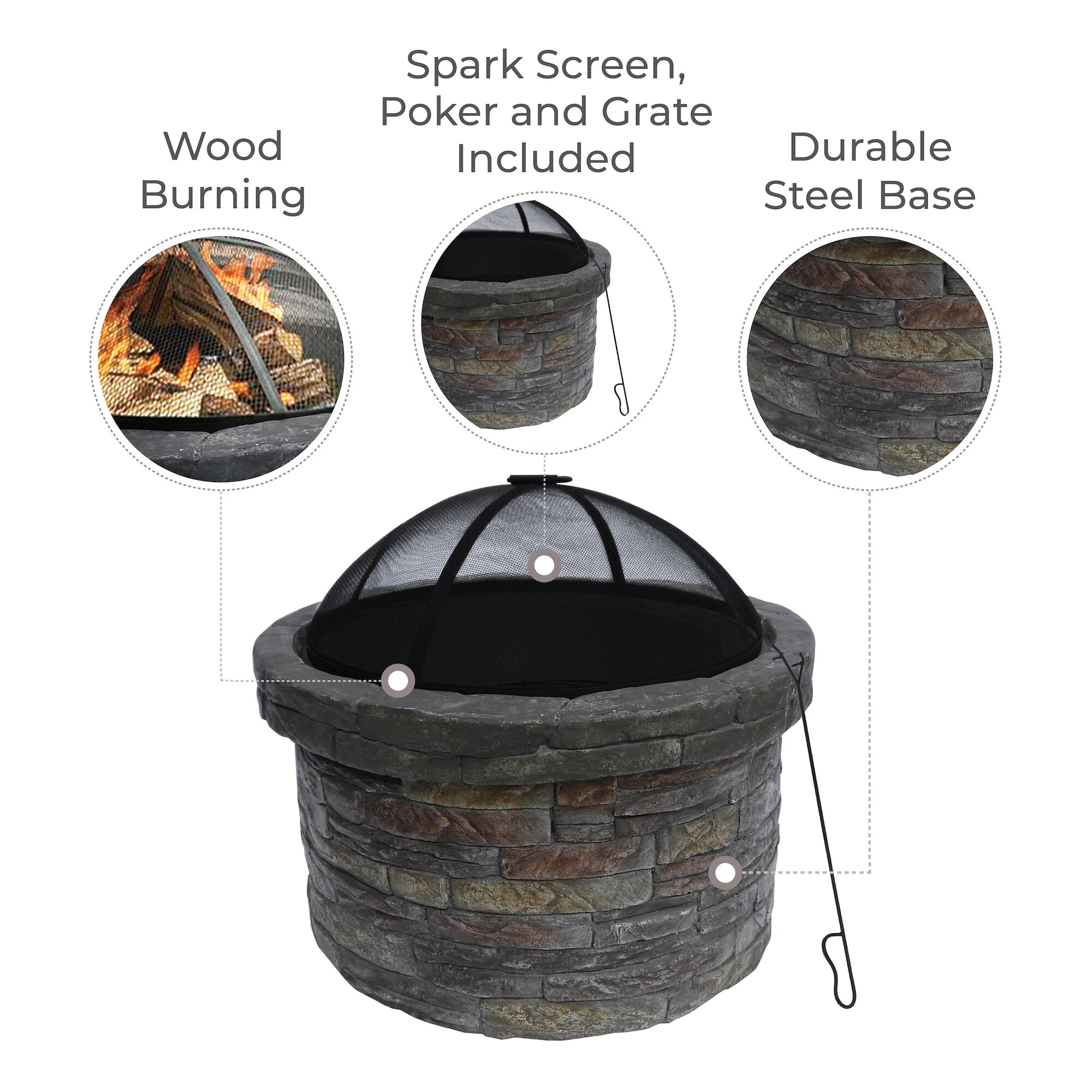 Round Faux Stone Outdoor Wood Burning Fire Pit with Steel Base