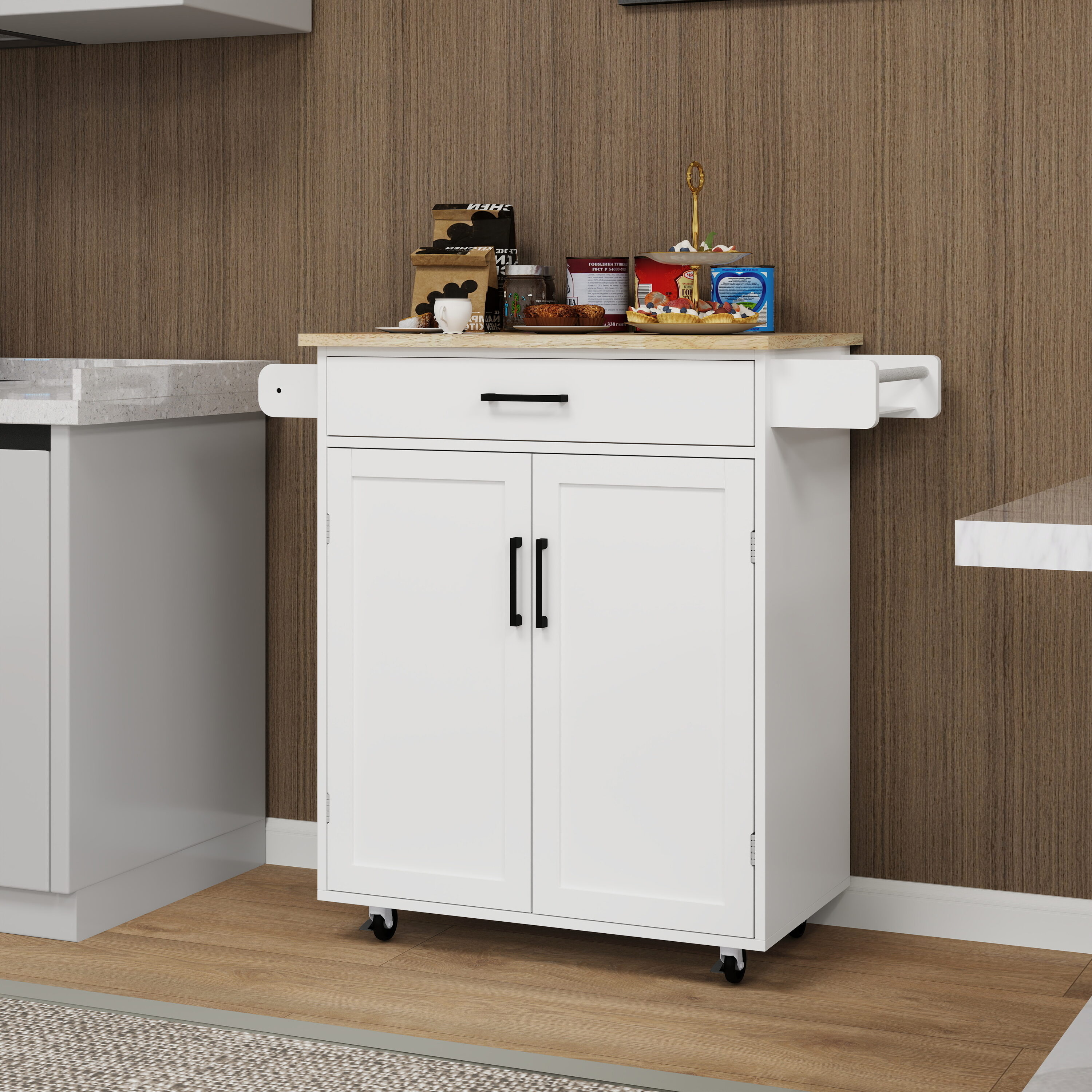 CESICIA White Mdf Base with Mdf Wood Top Rolling Kitchen Island (17.72-in x 28.74-in x 36.22-in)