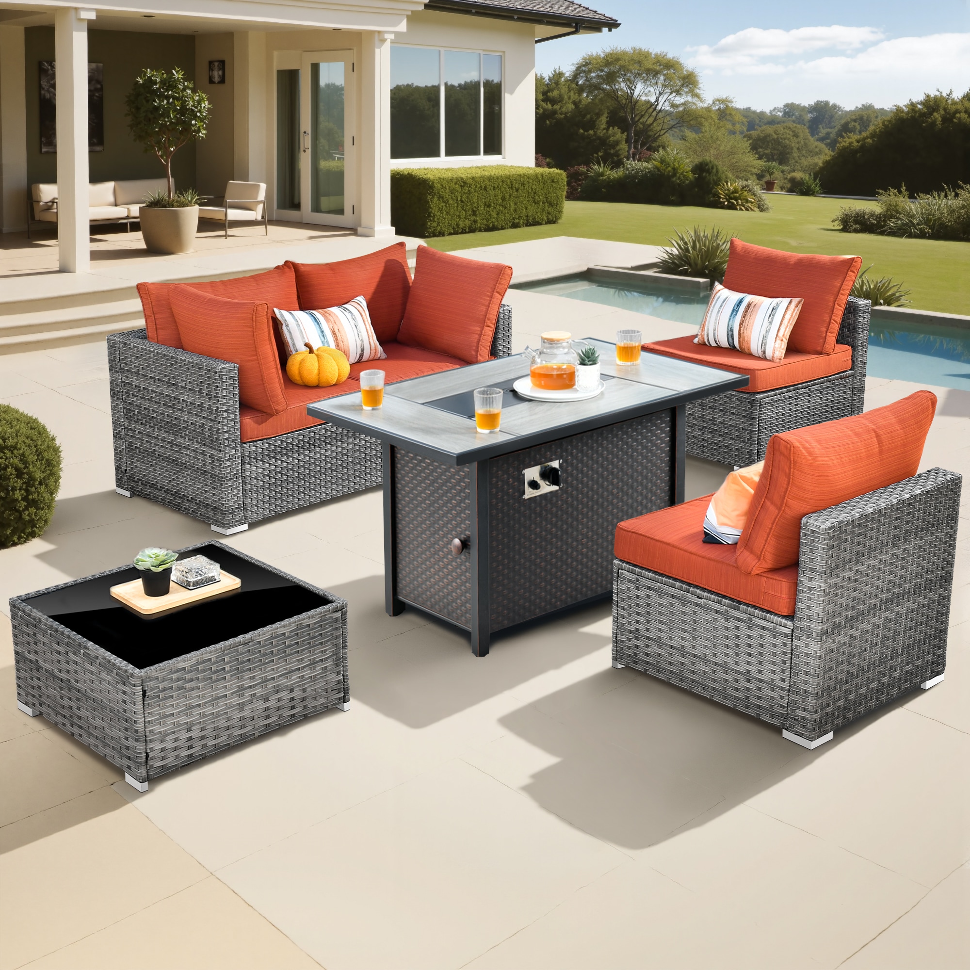 Pouuin SCFPHOP805 5 -Piece Wicker Patio Conversation Set with Orange Cushions