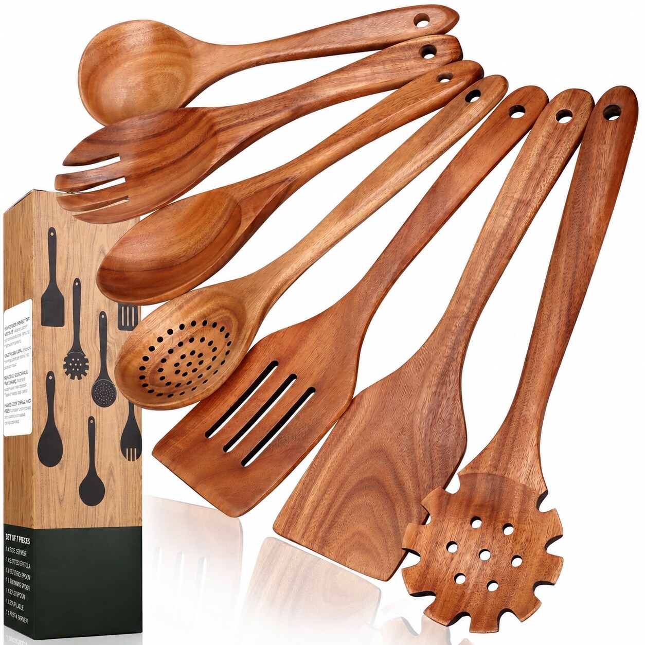 DHMHD  7 Piece Teak Wood Kitchen Utensils Set Non Toxic BPA Free Cooking Tools for Nonstick Cookware durable home and garden