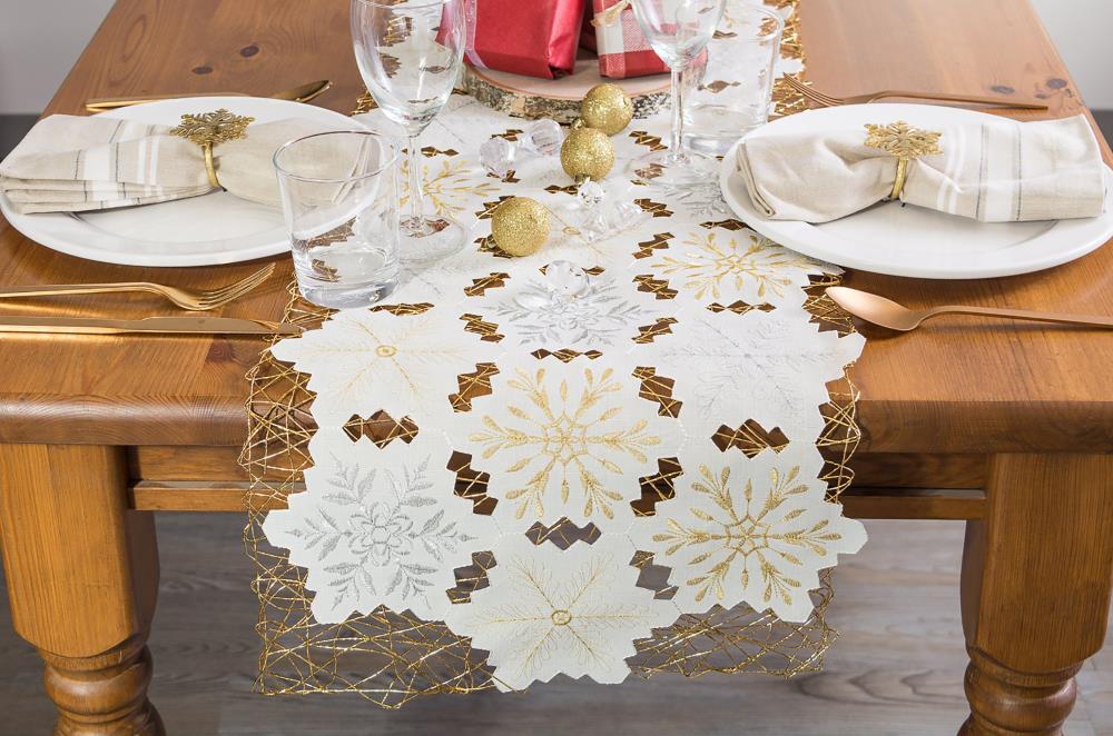 Silver and Gold Embroidered Snowflakes Polyester Table Runner
