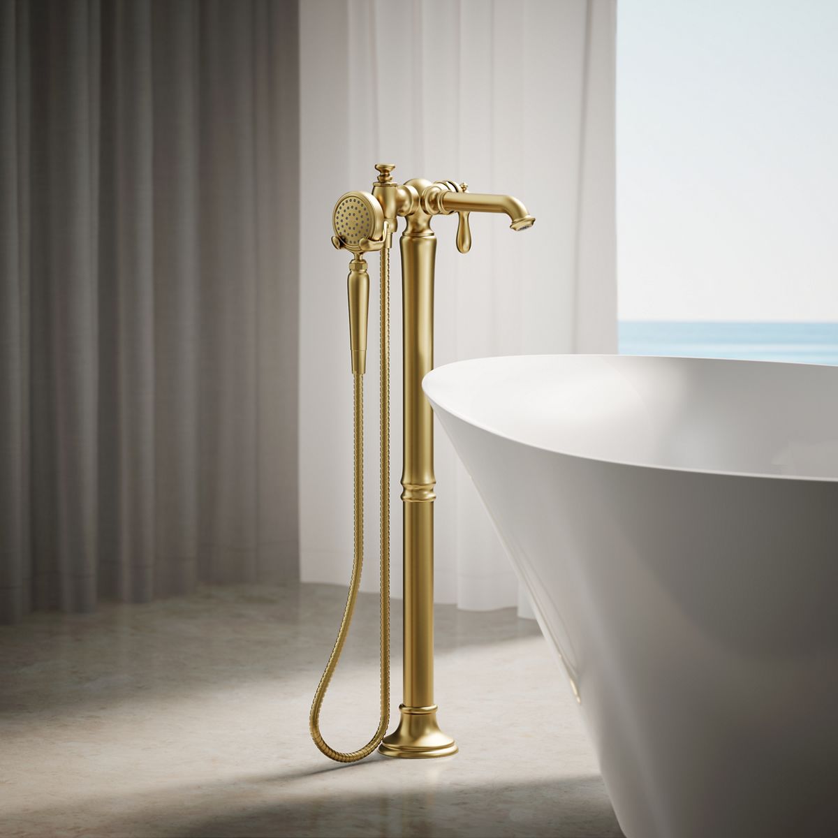 KOHLER T72790-9M-2MB Artifacts Vibrant Brushed Moderne Brass 1-handle Freestanding Low-arc Bathtub Faucet with Hand Shower ( Valve Included )