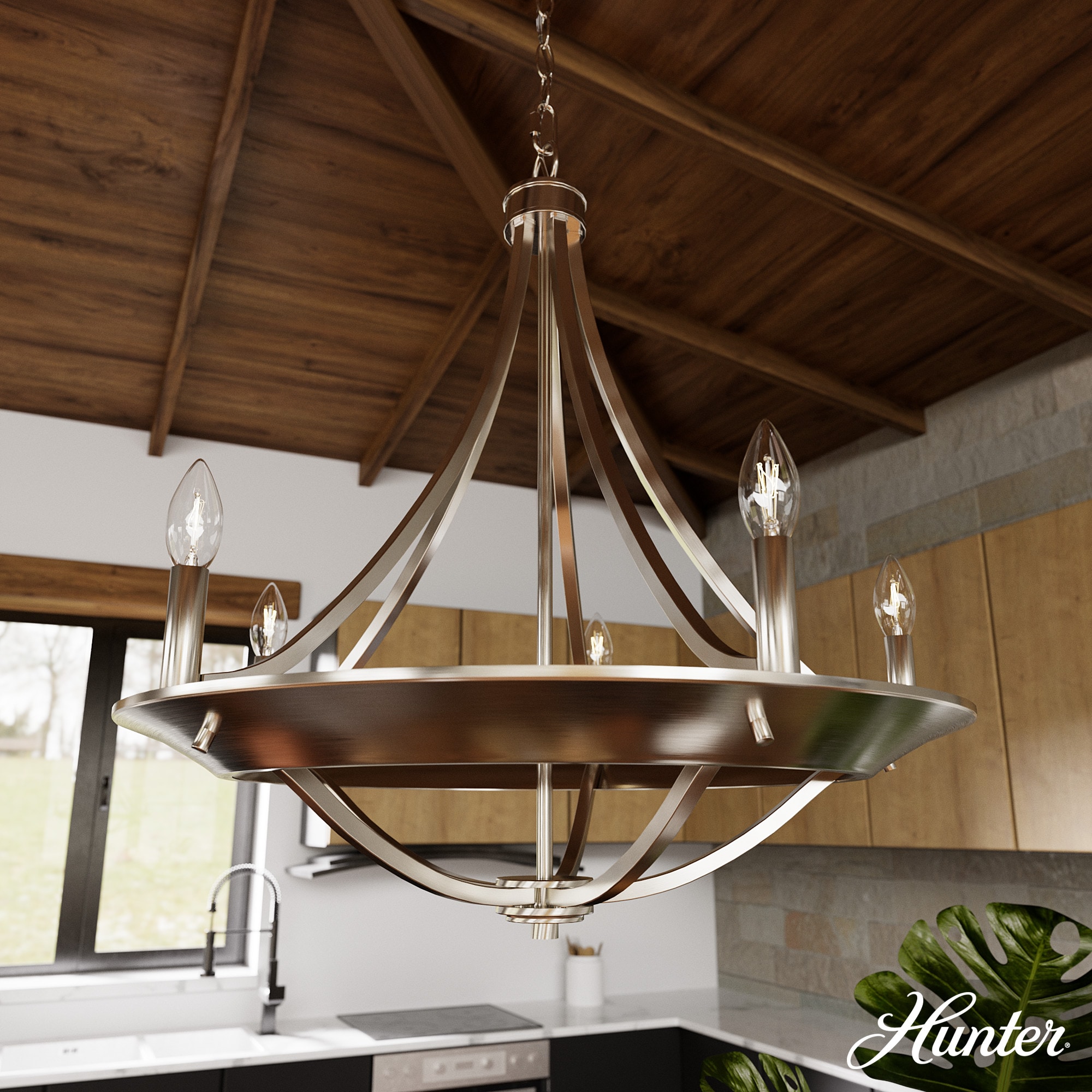 Hunter 19417 Perch Point 5 -Light Brushed Nickel Transitional For Use in Bedrooms, Dining Rooms, Foyers, Kitchens, Living Rooms Chandelier