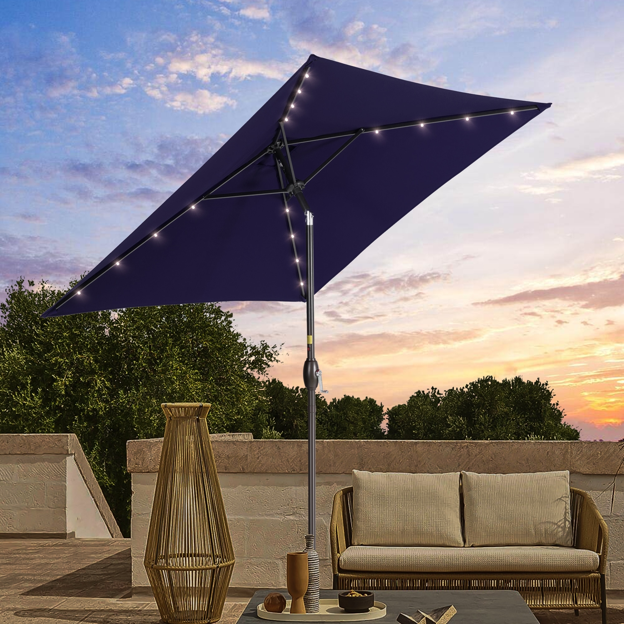 ACEGOSES LW-LED200NY 6.5-ft Steel Blue Push-button Tilt Market Patio Umbrella with Lights