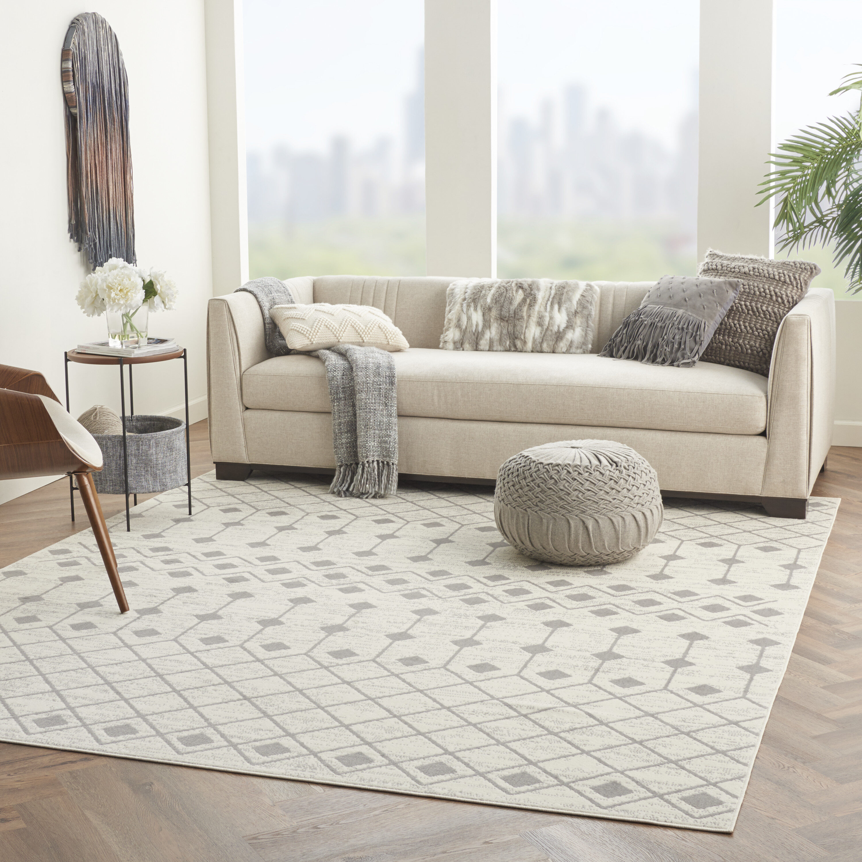 Ivory and Grey Geometric Hand-Knotted 7'10" x 9'10" Synthetic Area Rug