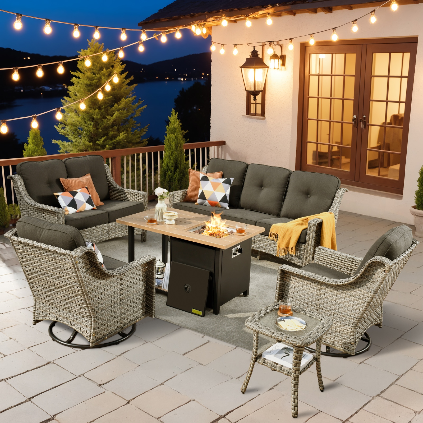 XIZZI XIPADF1165-RC3DFP Pyrophyllite 6 -Piece Rattan Patio Sofa Conversation Set with Black Cushions