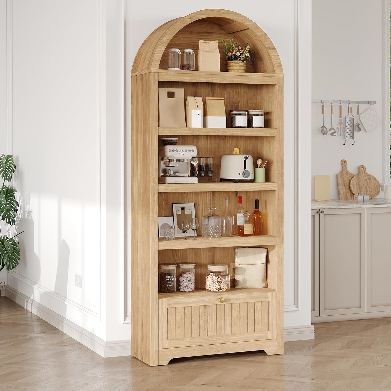 Garvee 71in Tall Arched Book Shelf 6 Tier Freestanding Bookshelf with Drawer and Open Display Shelves Mid Century Modern Arched Bookcase for Living Room Bedroom or Home Office Natural