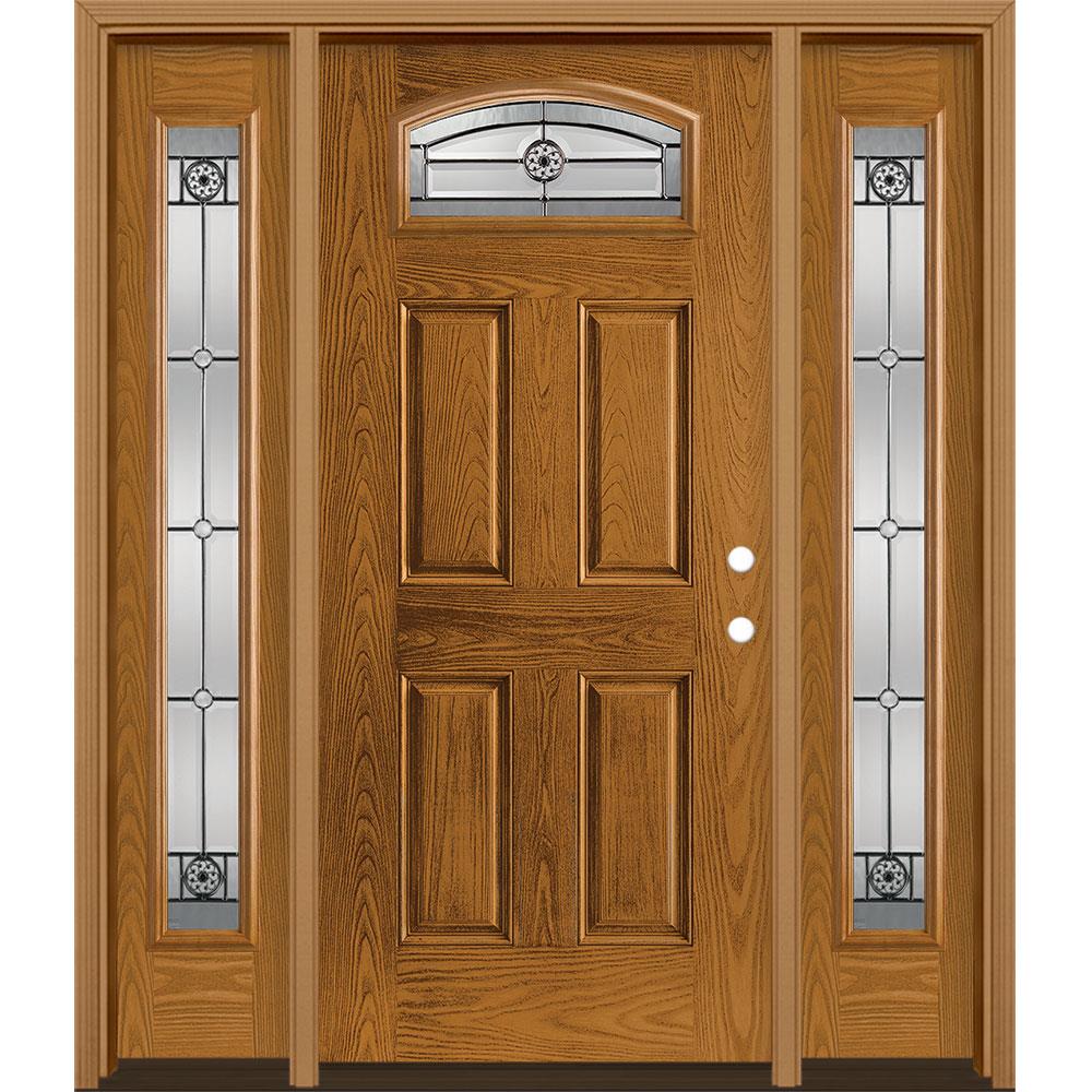 Masonite 1327189 Elan 64-in x 80-in Fiberglass 1/4 Lite Left-Hand Inswing Oakcrest Stained Prehung Single Front Door with Sidelights with Brickmould Insulating Core