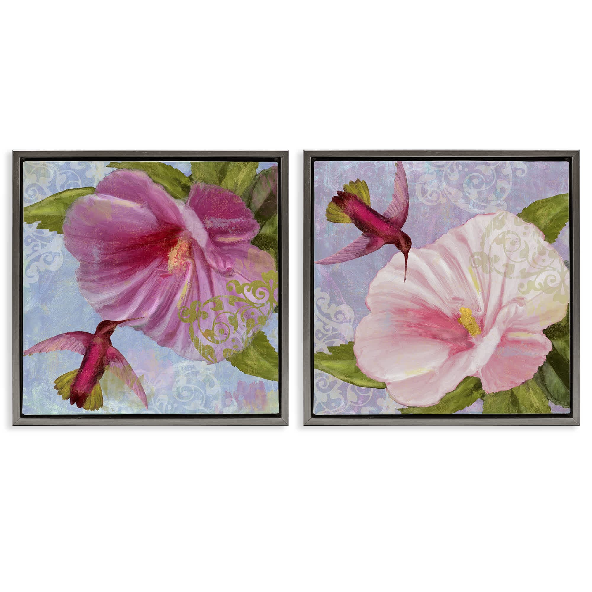Stupell Industries B2-810-FFL-2PC-17X17 Hummingbirds and Poppy Bulbs 2pc Floating Frame Set design by Sasha