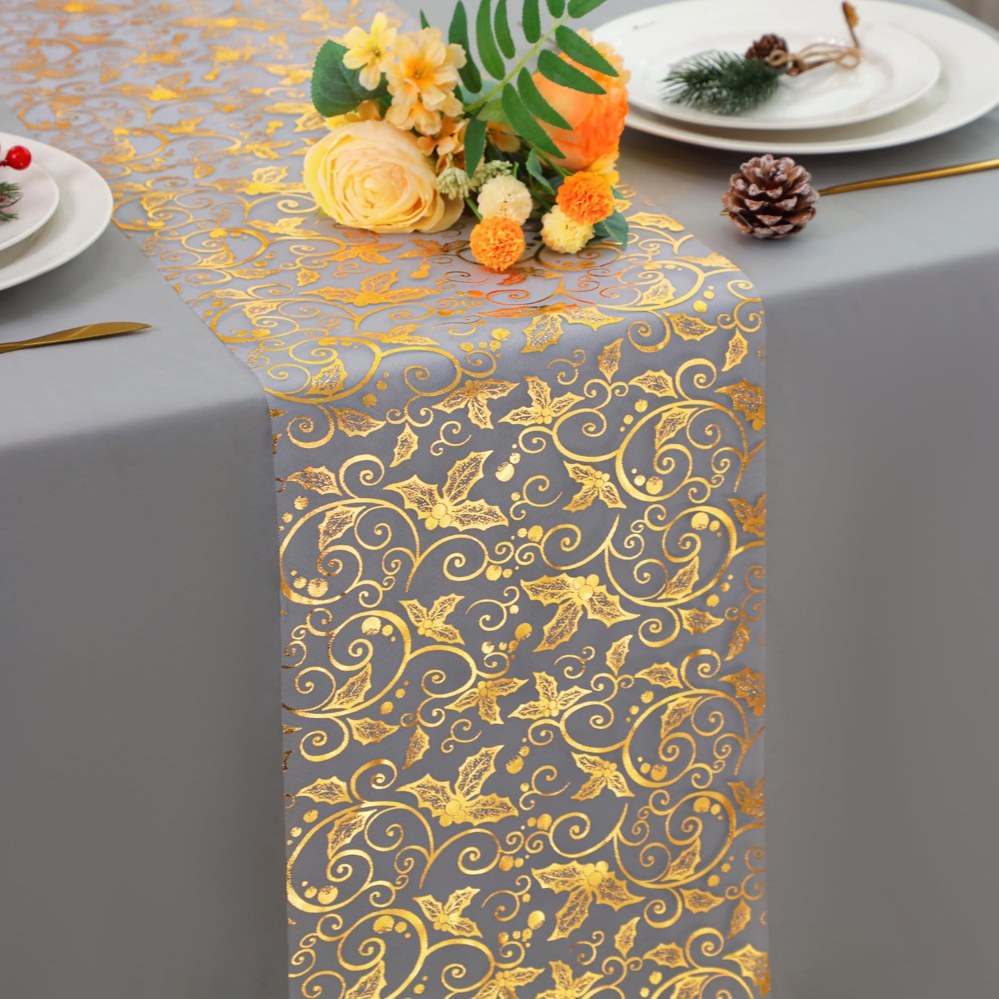 Aoibox  2 Pack Gold Pinecone Floral Sheer Mesh Table Runner 11 x 108 in for Christmas Holiday Wedding Dining Kitchen Party