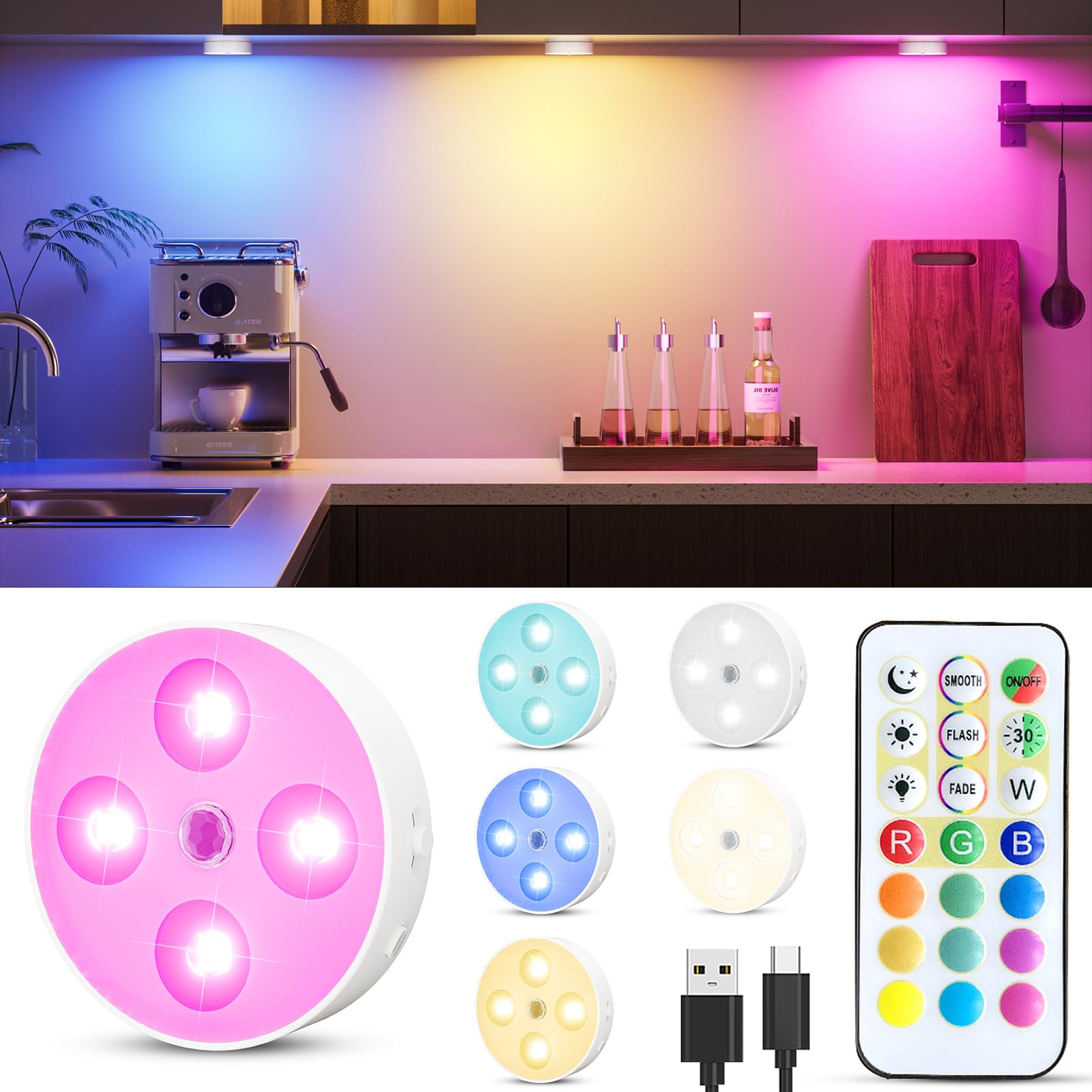 AOIZGMY renewable power Motion Sensor Puck Lights with Remote 13 RGB ...