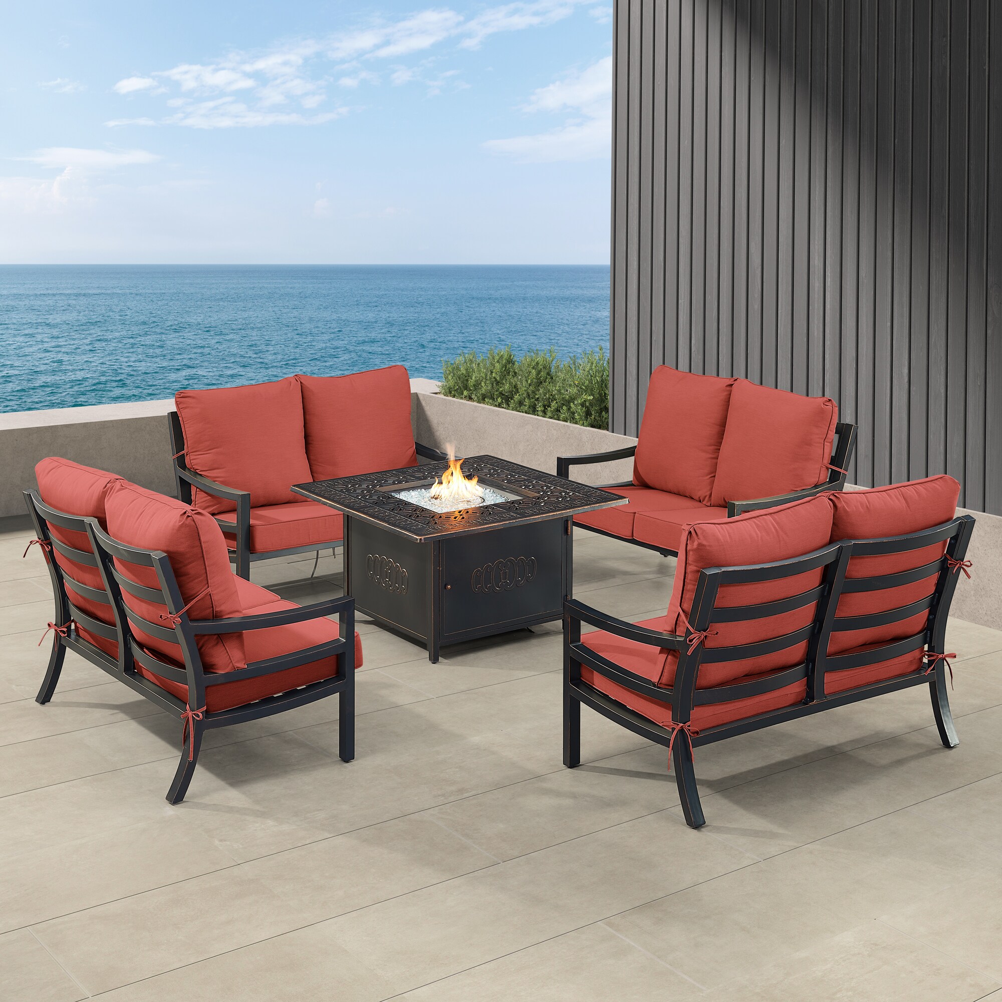 Oakland Living HUDSON4LSRONINRDCU Fire Pit Table Set, Four Loveseats and Wind Guard 24 -Piece Patio Conversation Set with Red Cushions