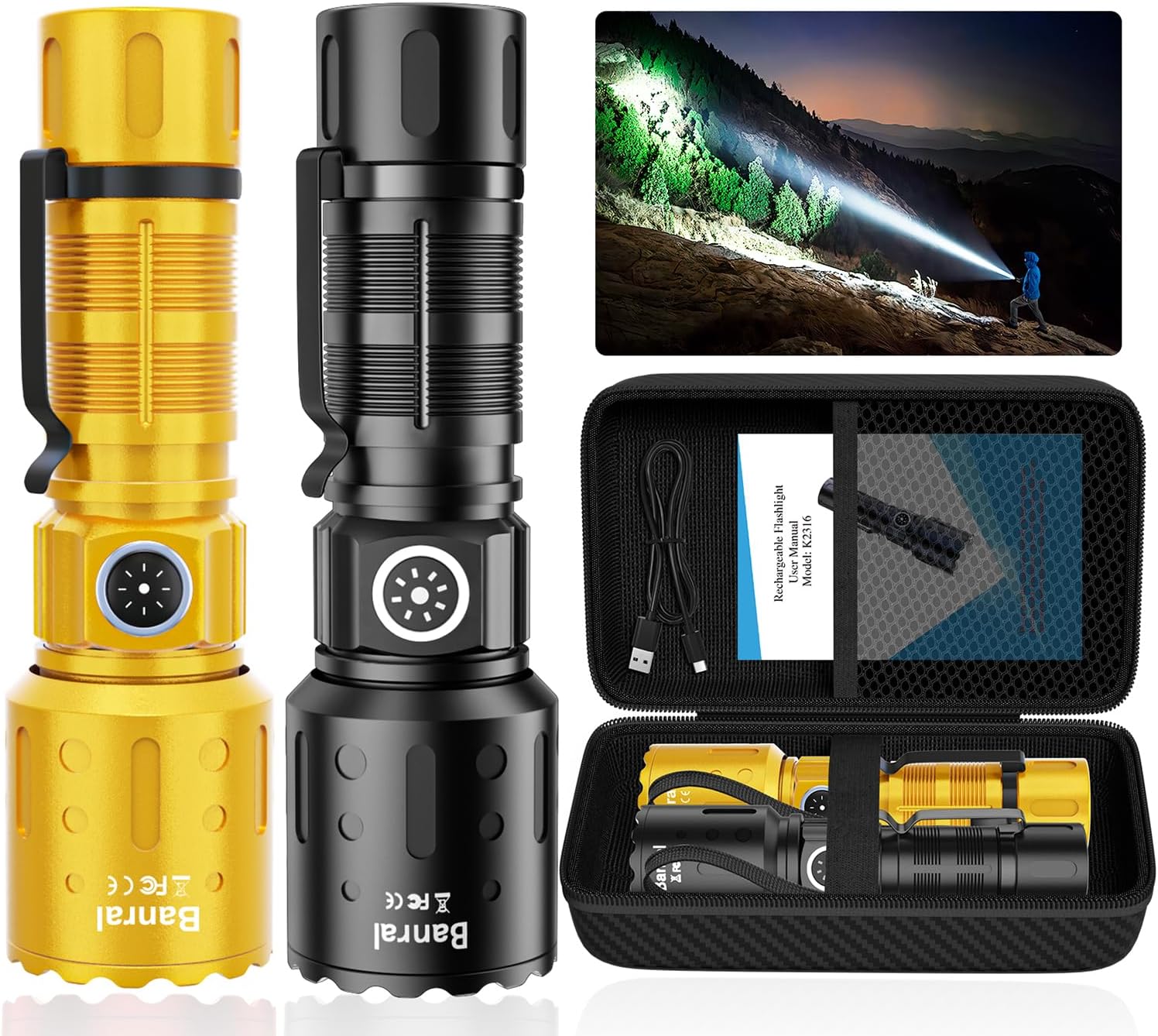 Sunitact B0DPBBN5FQ Flashlights High Lumens Rechargeable Super Bright Long Range Small Powerful Flashlight 6 Modes LED Tactical Pocket Waterproof Flash Light for Home Emergency Black and Gold