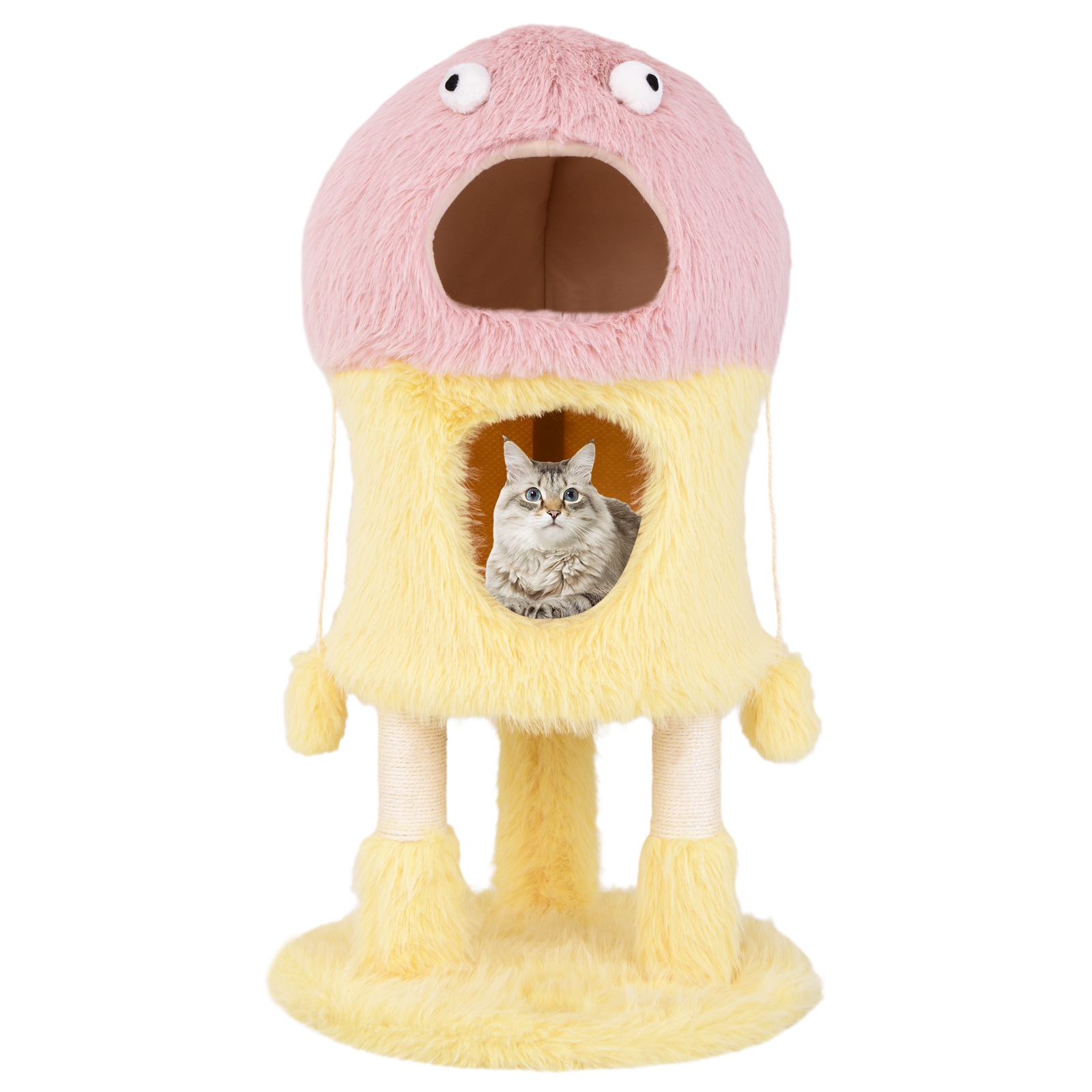 Slickblue 37 x 19 Pink and Yellow Cat Tower - Long Plush Fabric Cat Tower with 2 Condos Scratching Posts and Toys for Indoor Use