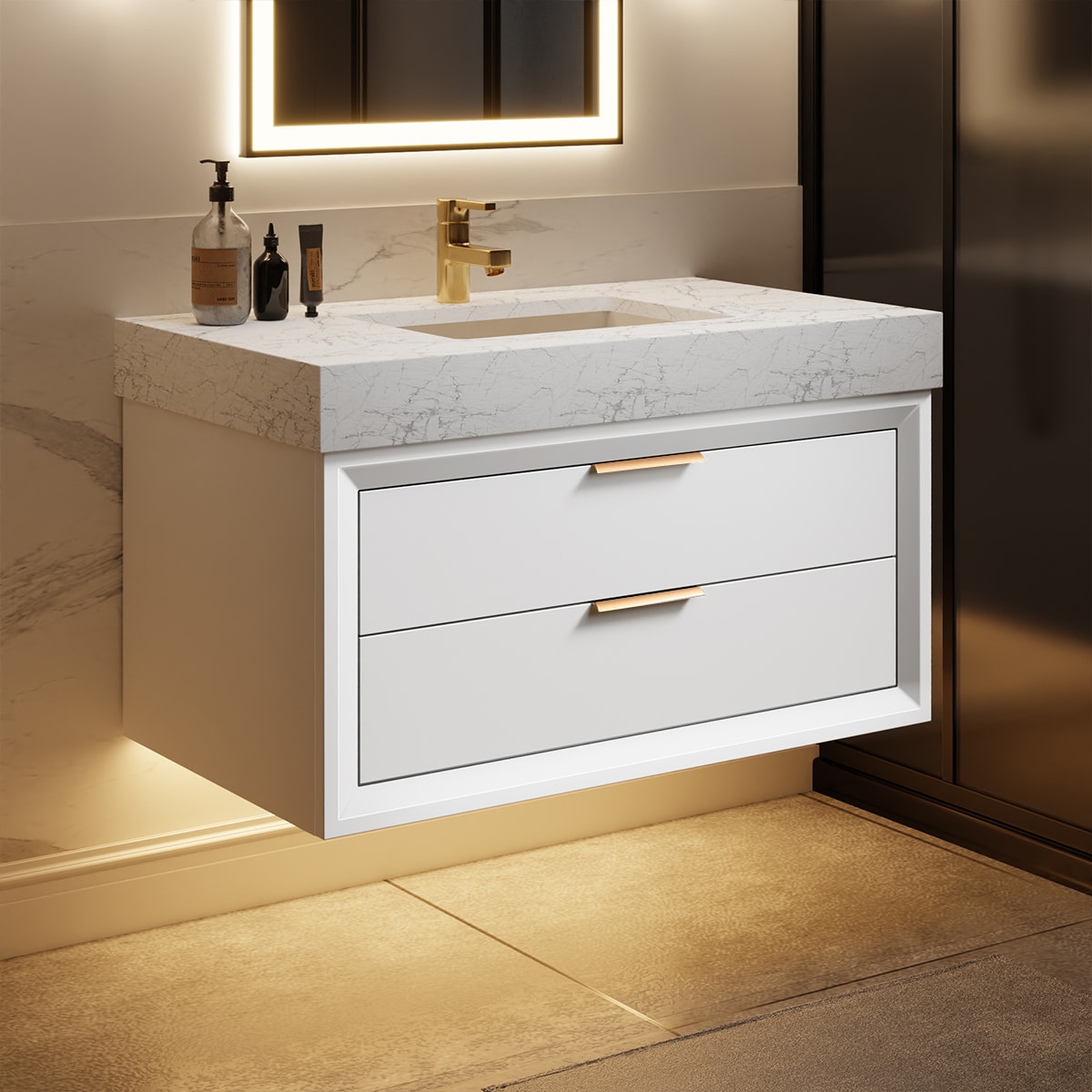ExBrite XB3621V8WH 36-in White Undermount Single Sink Floating Bathroom Vanity with White Engineered Stone Top