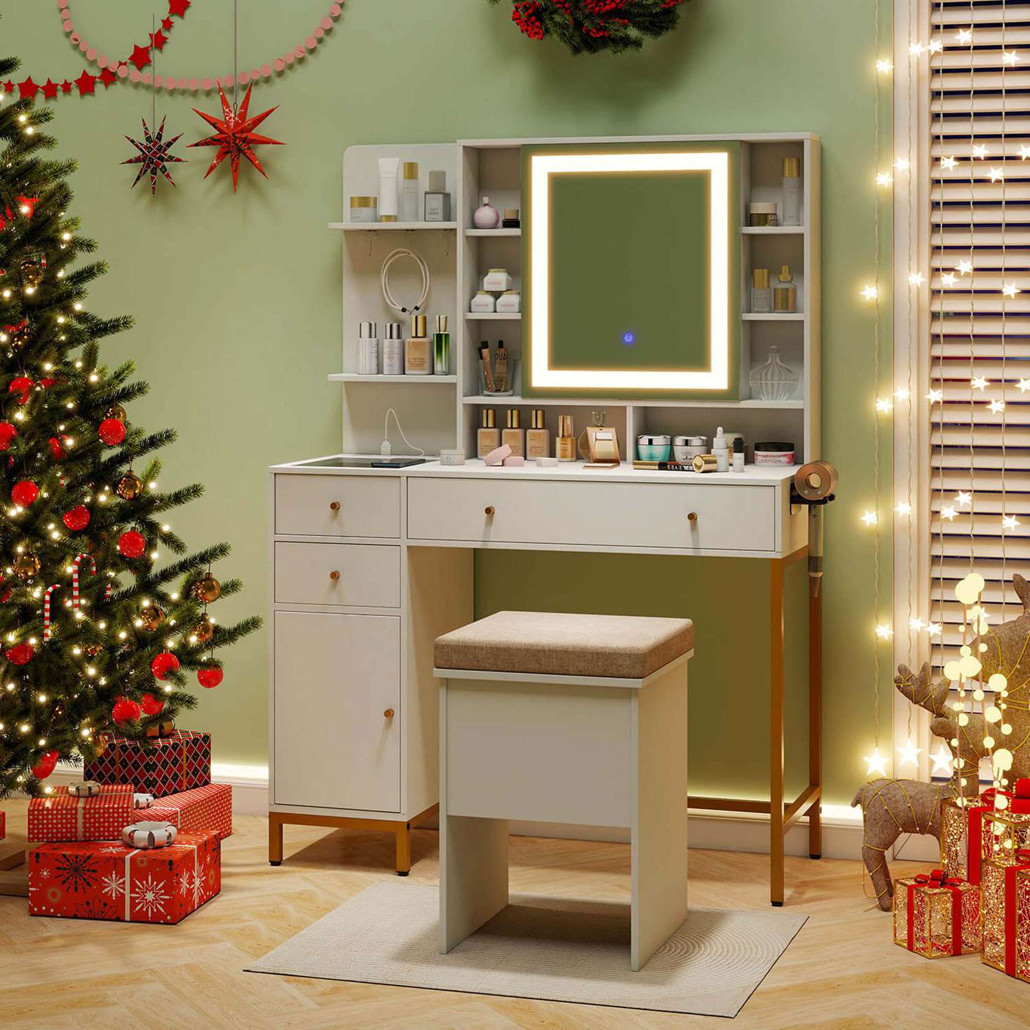 Costway HCST05127 Makeup Vanity Desk with Lighted Mirror Charging Station 3-Color LED Lights