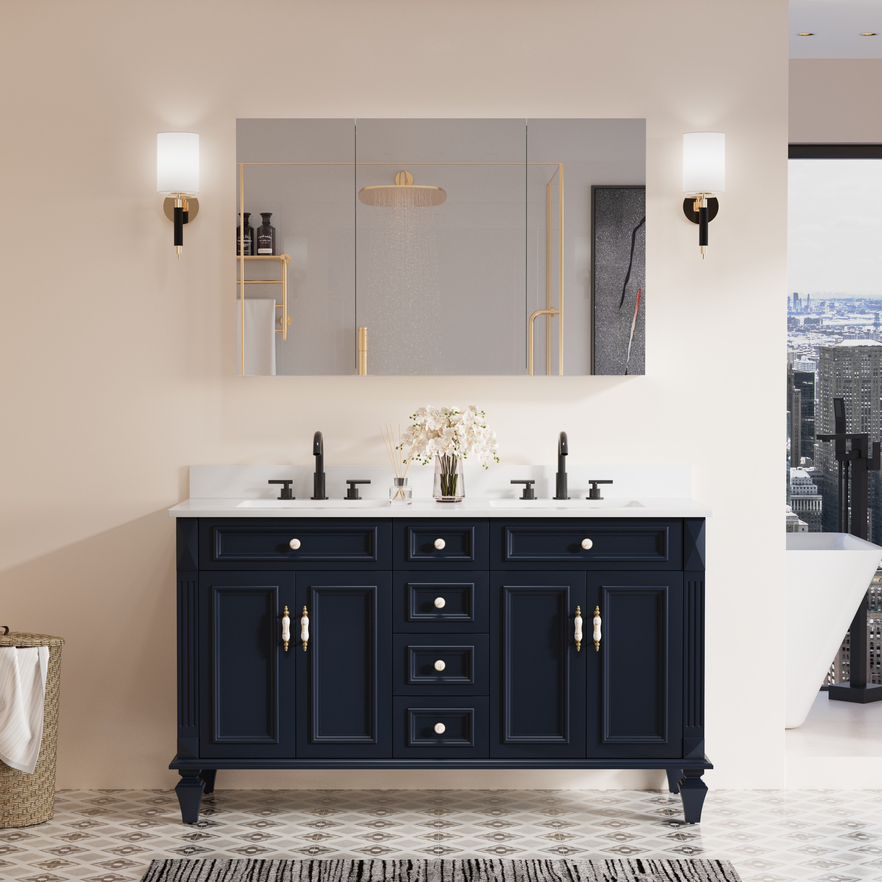 Forclover Solid Wood Bathroom Vanity With Medicine Cabinet 22-in Navy Blue Undermount Single Sink Bathroom Vanity with White Engineered Marble Top (Fully Assembled)
