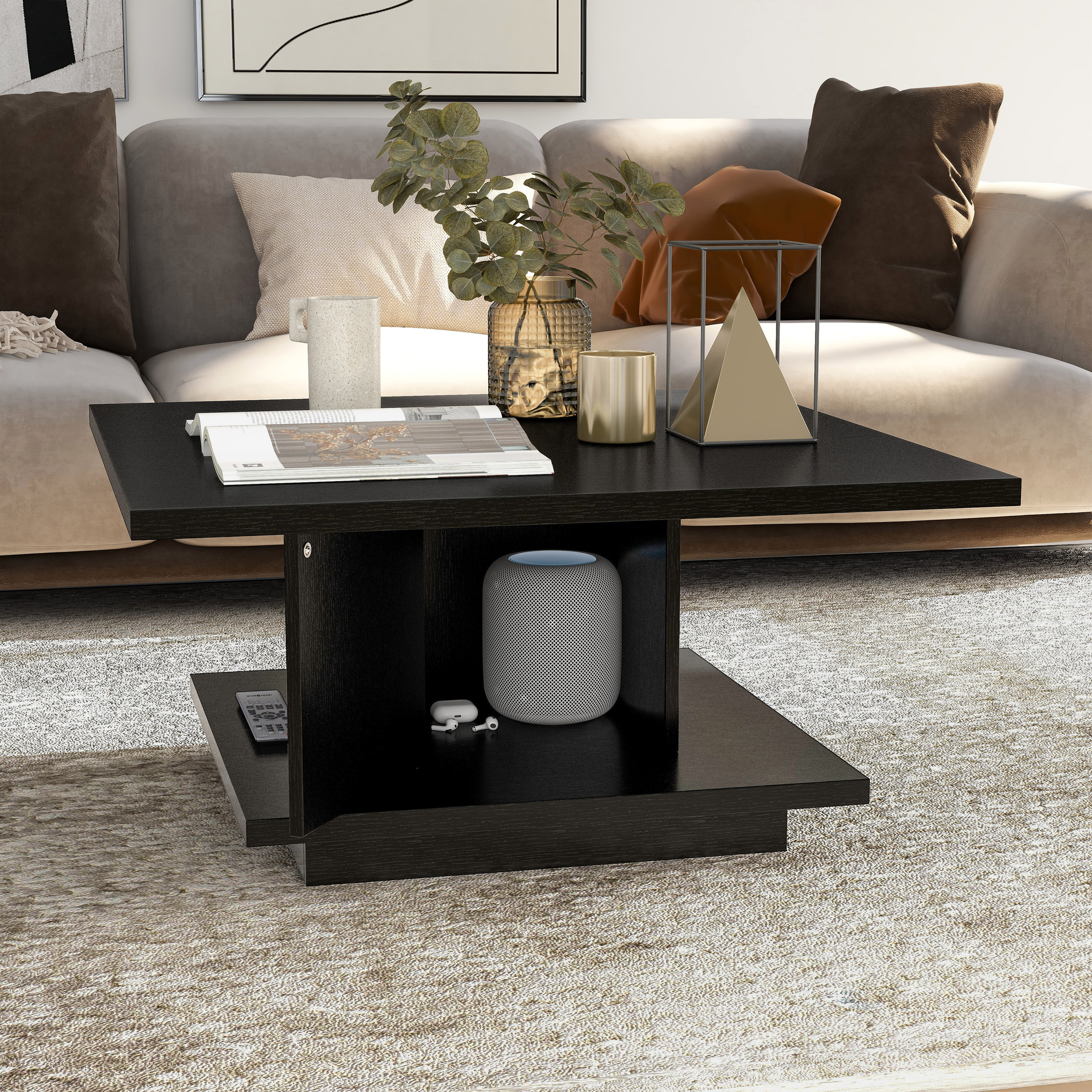 Black Square Wood Coffee Table with Hidden Storage