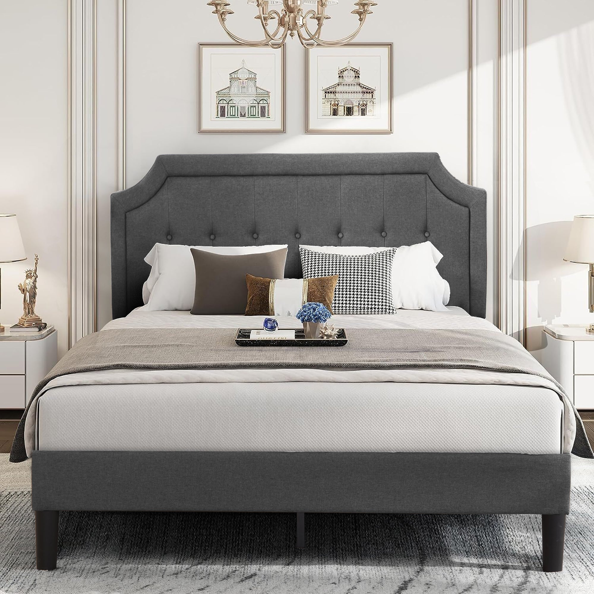 Vecelo LOE-BTJ-RQ02 Queen Platform Bed Frame with Adjustable Upholstered Headboard and Wooden Slats Support Easy Assembly Dark Gray