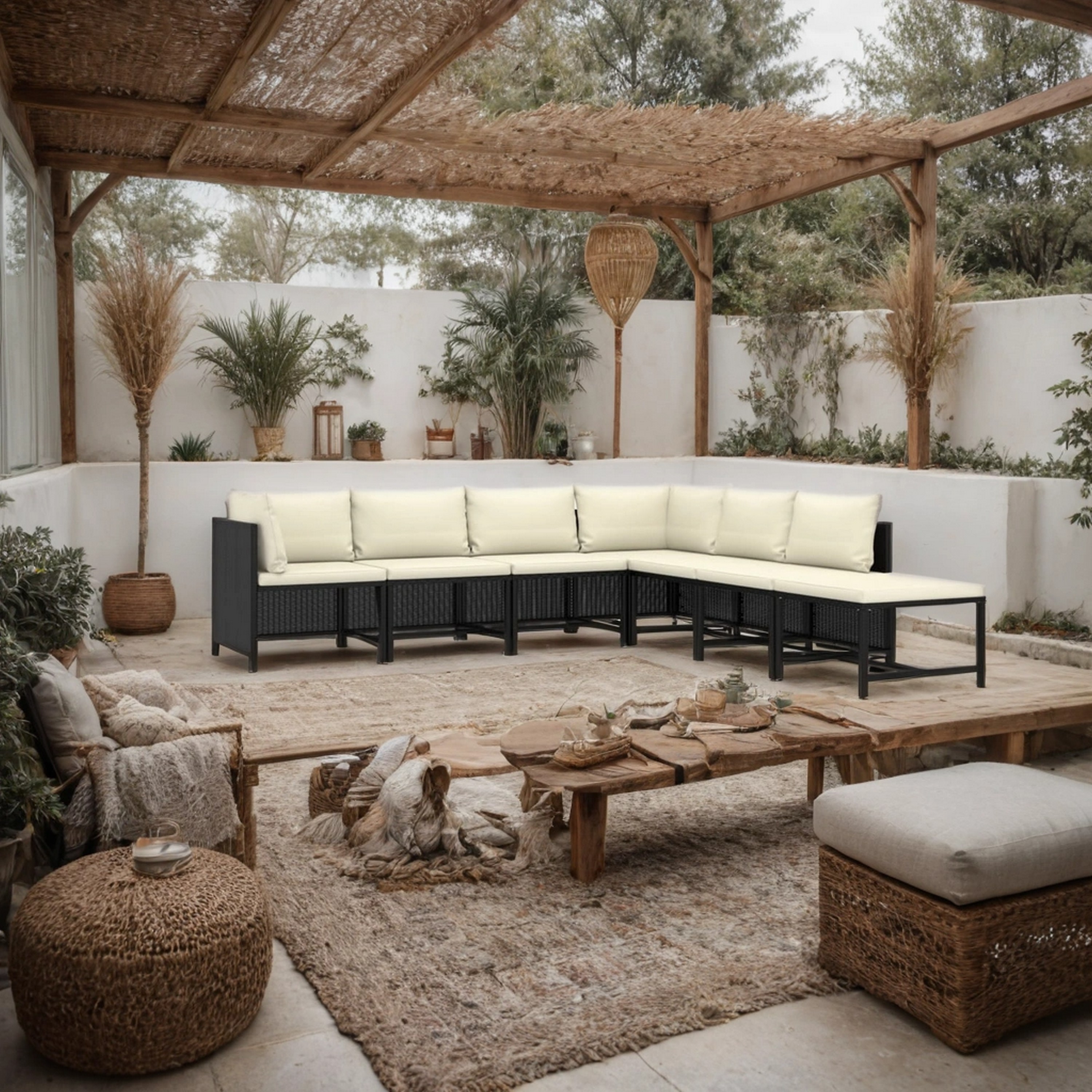 Benzara 7-Piece Black and Cream Wicker Rattan Outdoor Modular Sectional Sofa with Cream Cushion