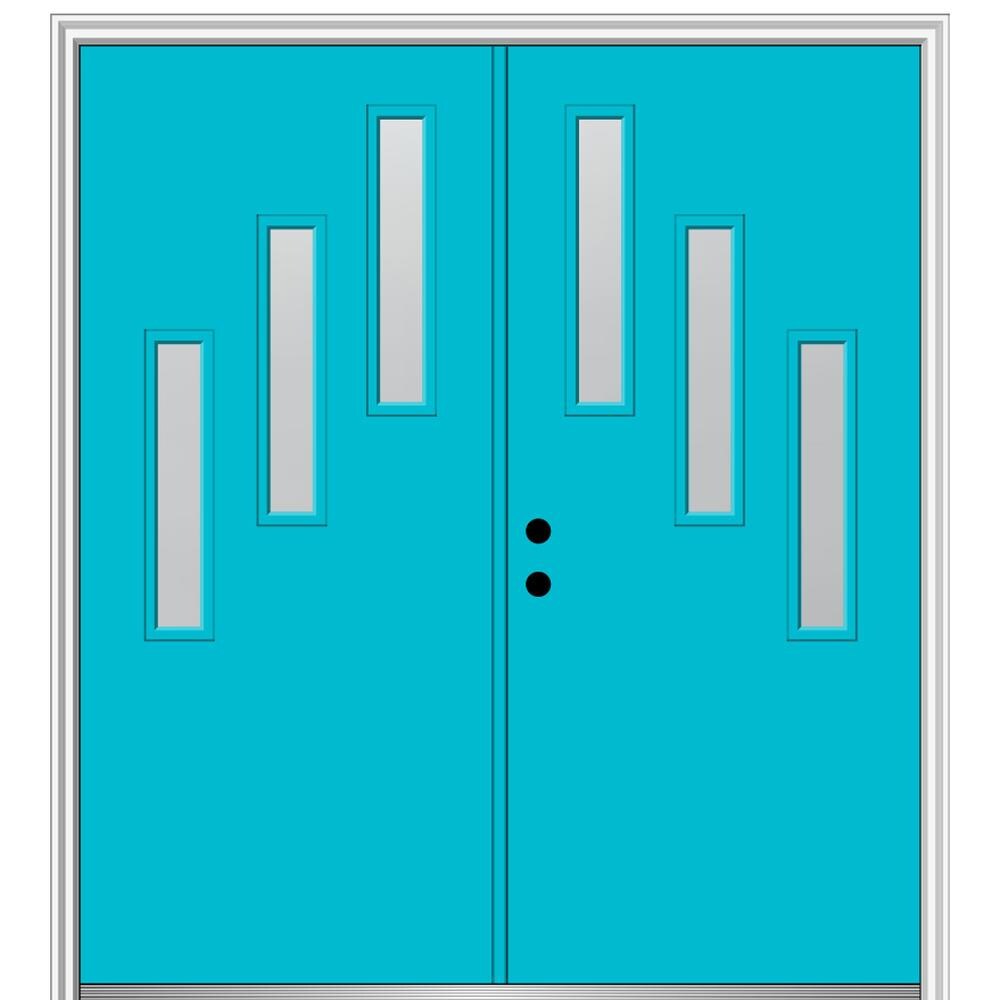 MMI DOOR ZZ350759R Spotlights 60-in x 80-in x 6-9/16-in Fiberglass Pulse lite Right-hand inswing Bahama Blue Painted Prehung Double Front Door with Brickmould Insulating core