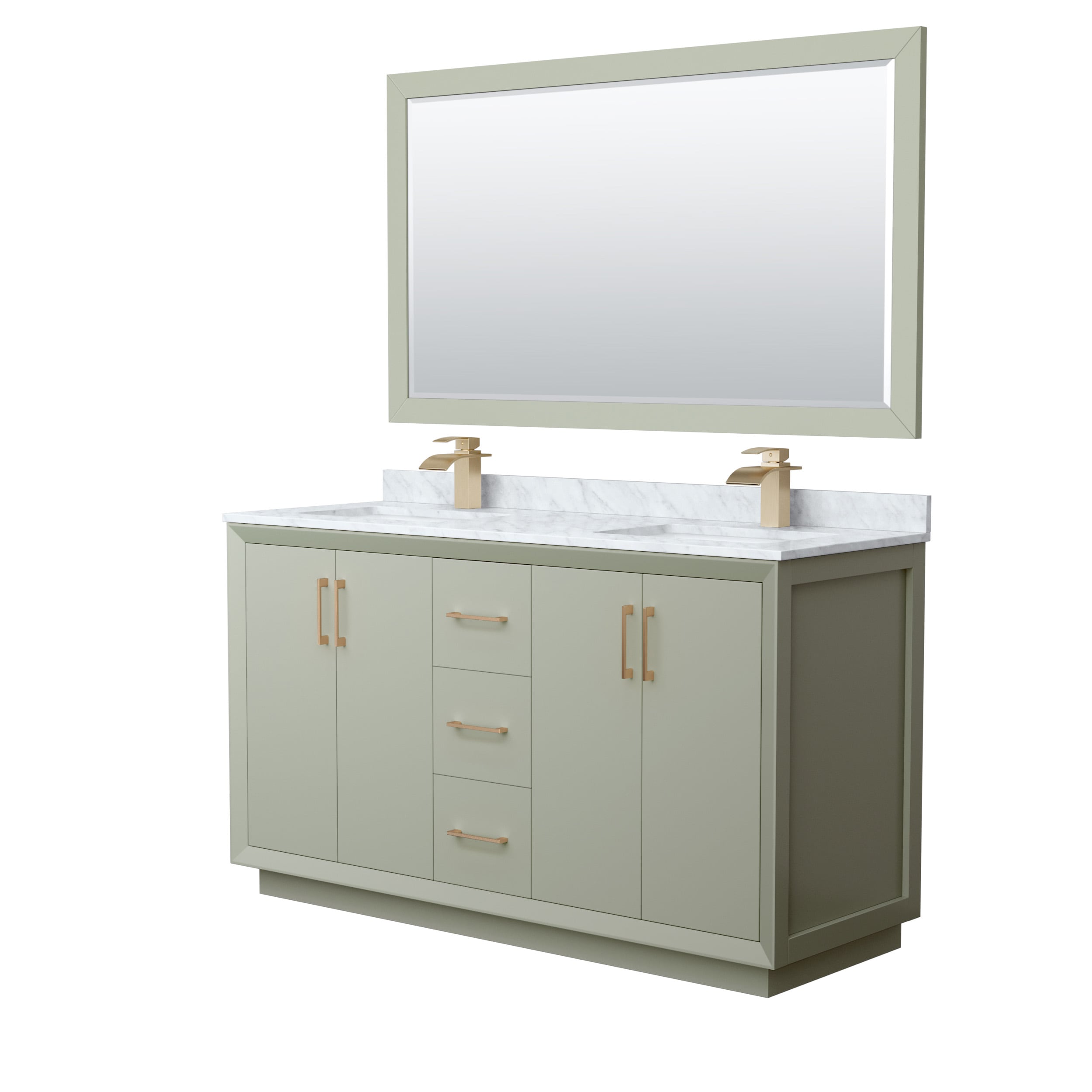 Wyndham Collection WCF414160DLZCMUNSM58 Strada 60-in Light Green with Satin Bronze Trim Undermount Double sink Bathroom Vanity with White Carrara marble Natural marble Top (Mirror Included)
