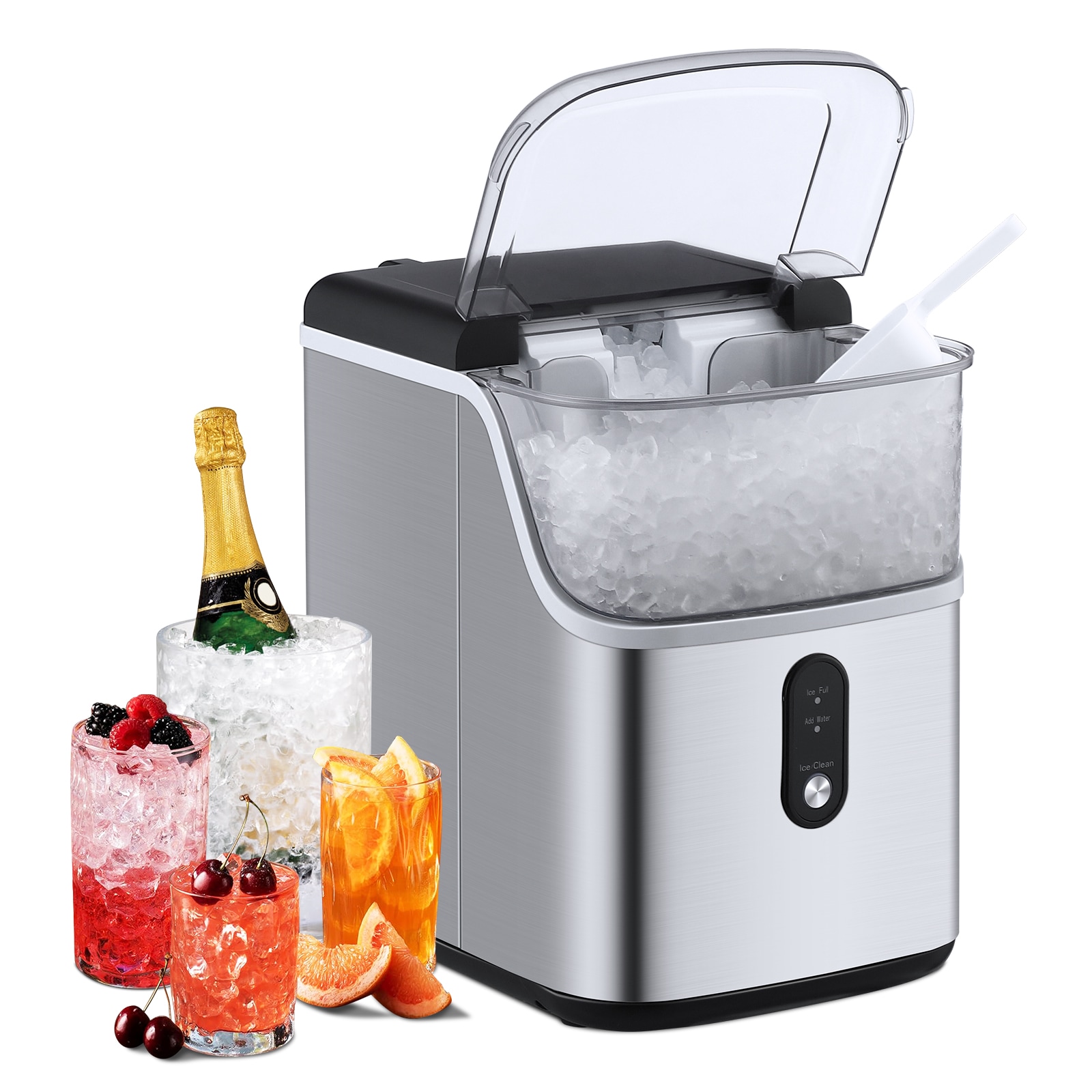 IdealHouse CA7-2K78-3Y4BHZ Brushed Finish Portable Pebble Ice Maker 35 lbs per Day Countertop Stainless Steel Self Cleaning Compact Transparent Window Design for Home Kitchen Office RV Camping