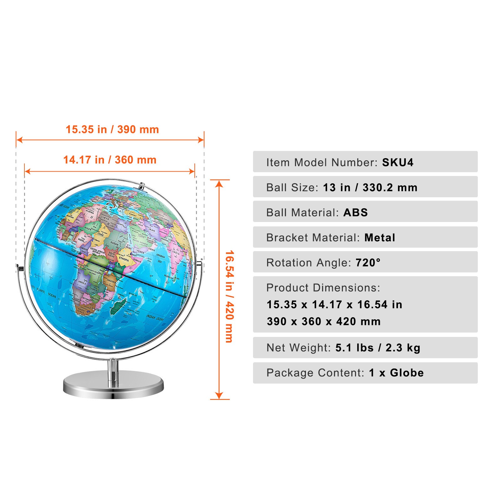 VEVOR Rotating World Globe with Stand 13 in/330.2 mm Educational