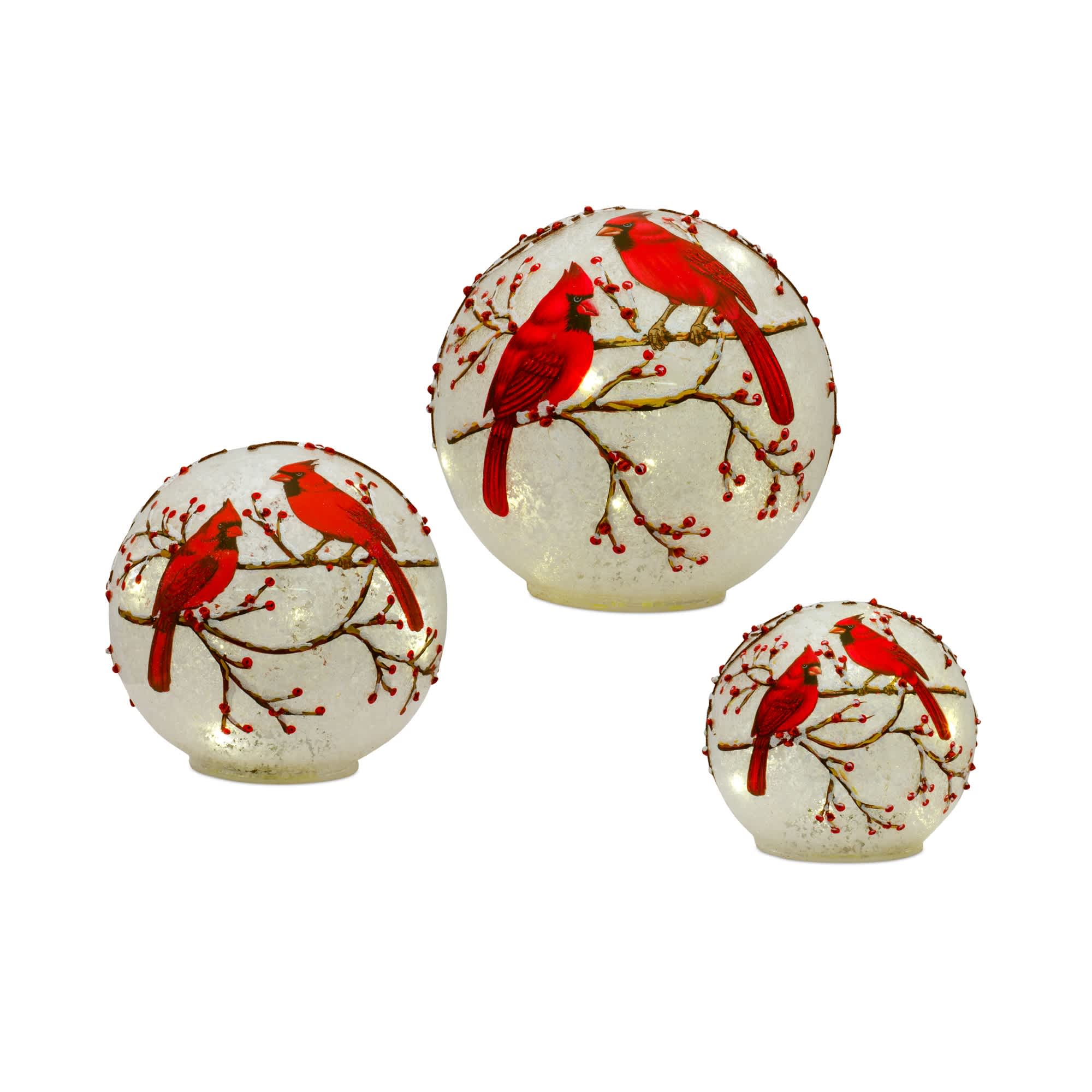Melrose International 83374DS LED Frosted Cardinal Orb with Berry Branch Design (Set of 3)