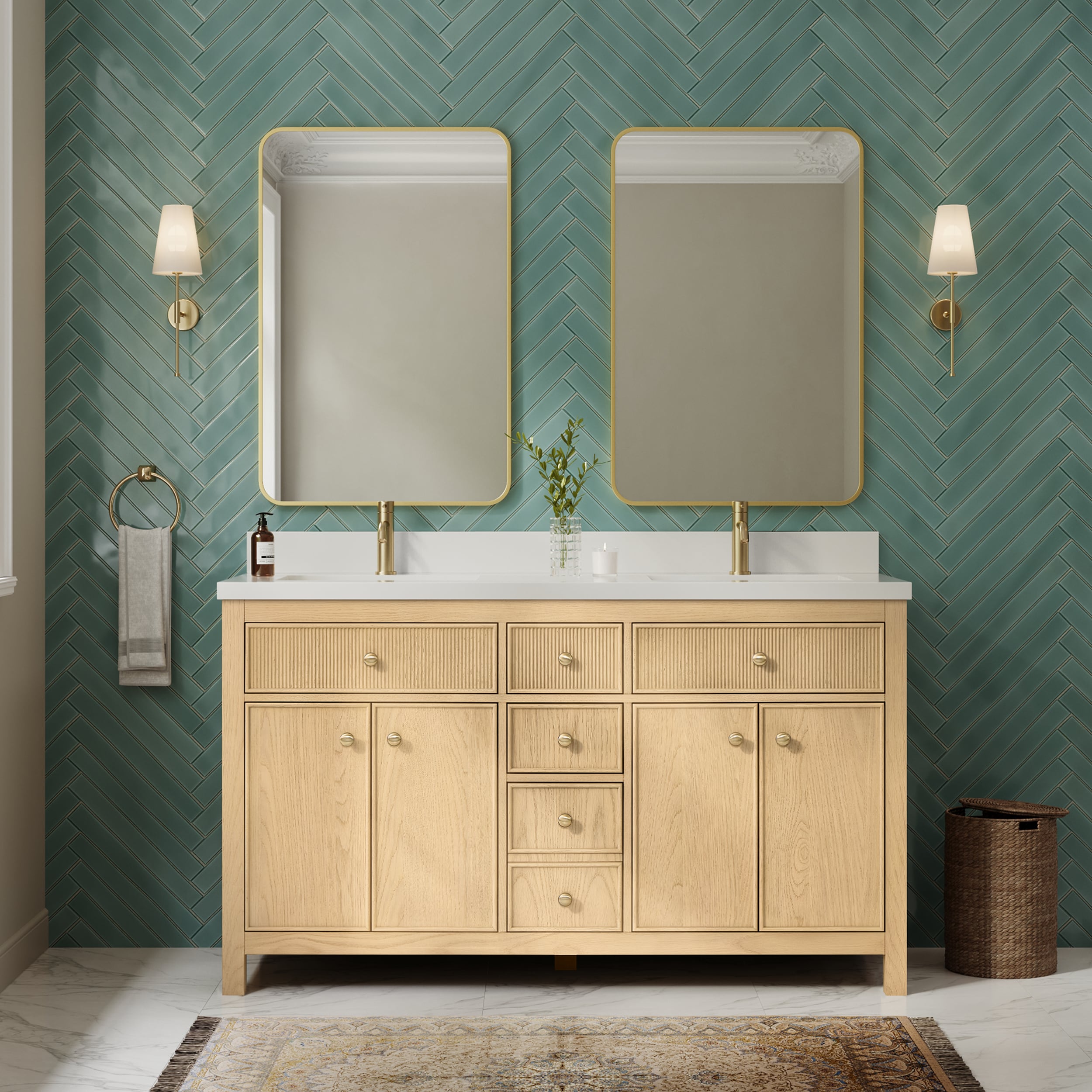 Wyndham Collection Rian 60 Inch Double Bathroom Vanity in Scandinavian Oak, White Quartz Countertop, Undermount Square Sinks (1-Hole), Satin Bronze Trim