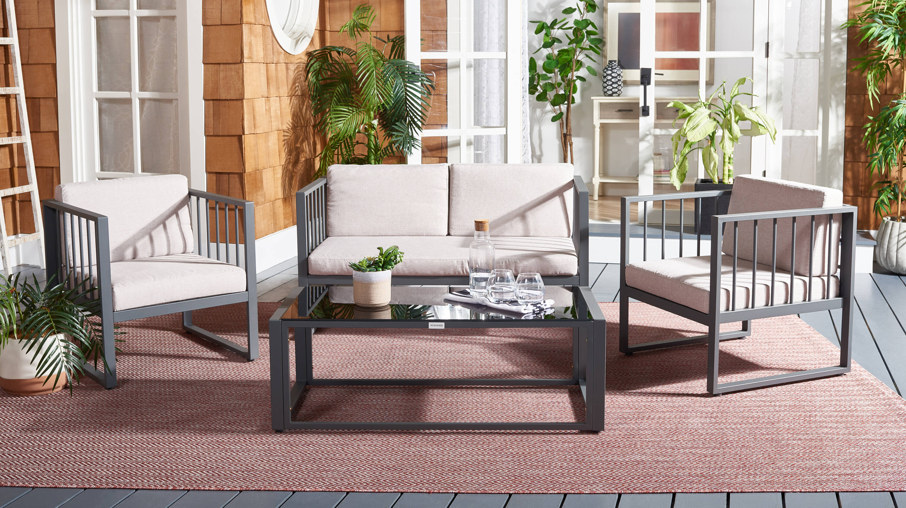 Safavieh PAT7726B Patio 4 -Piece Patio Conversation Set with Gray Cushions