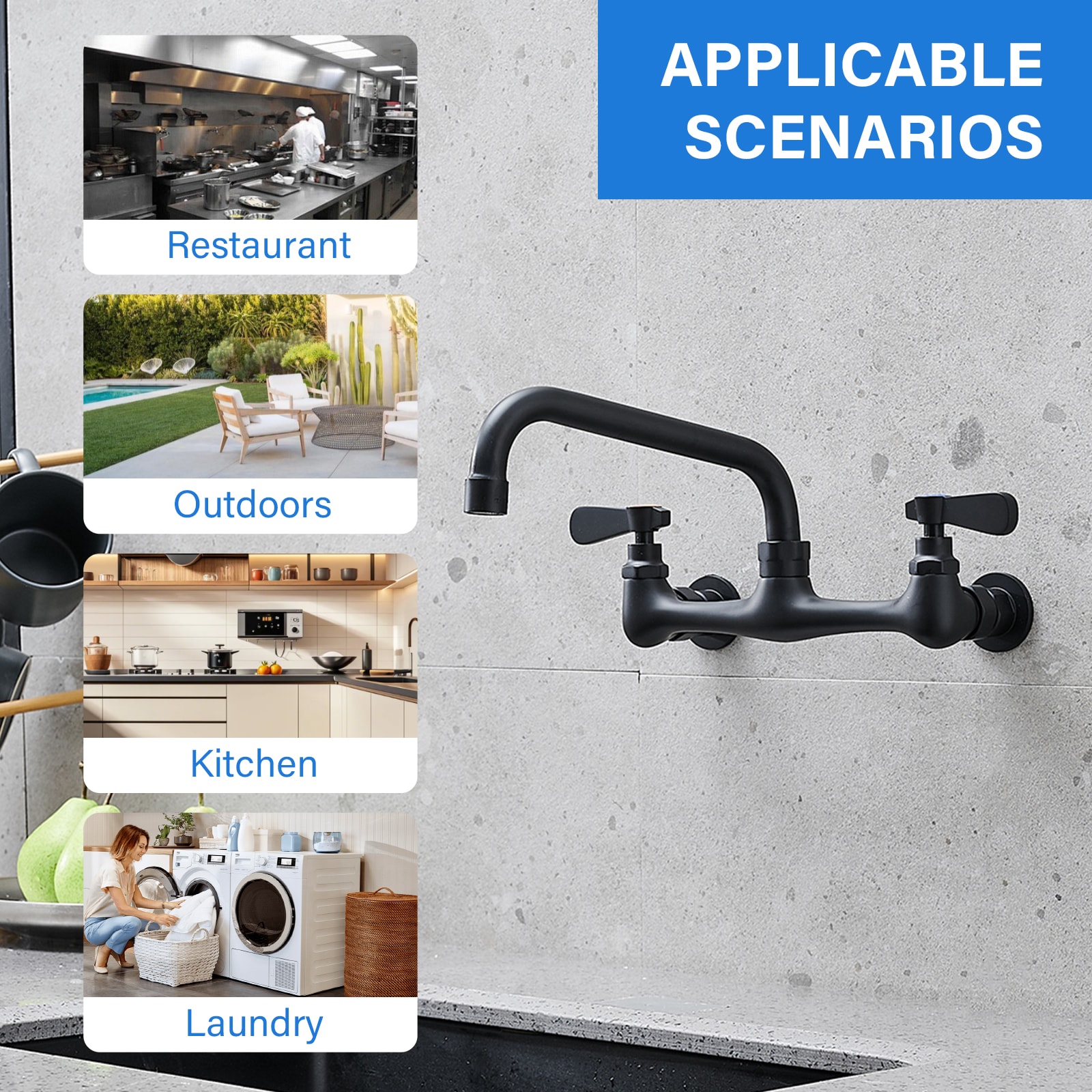 Matte Black Wall-Mount Dual Handle Kitchen Faucet