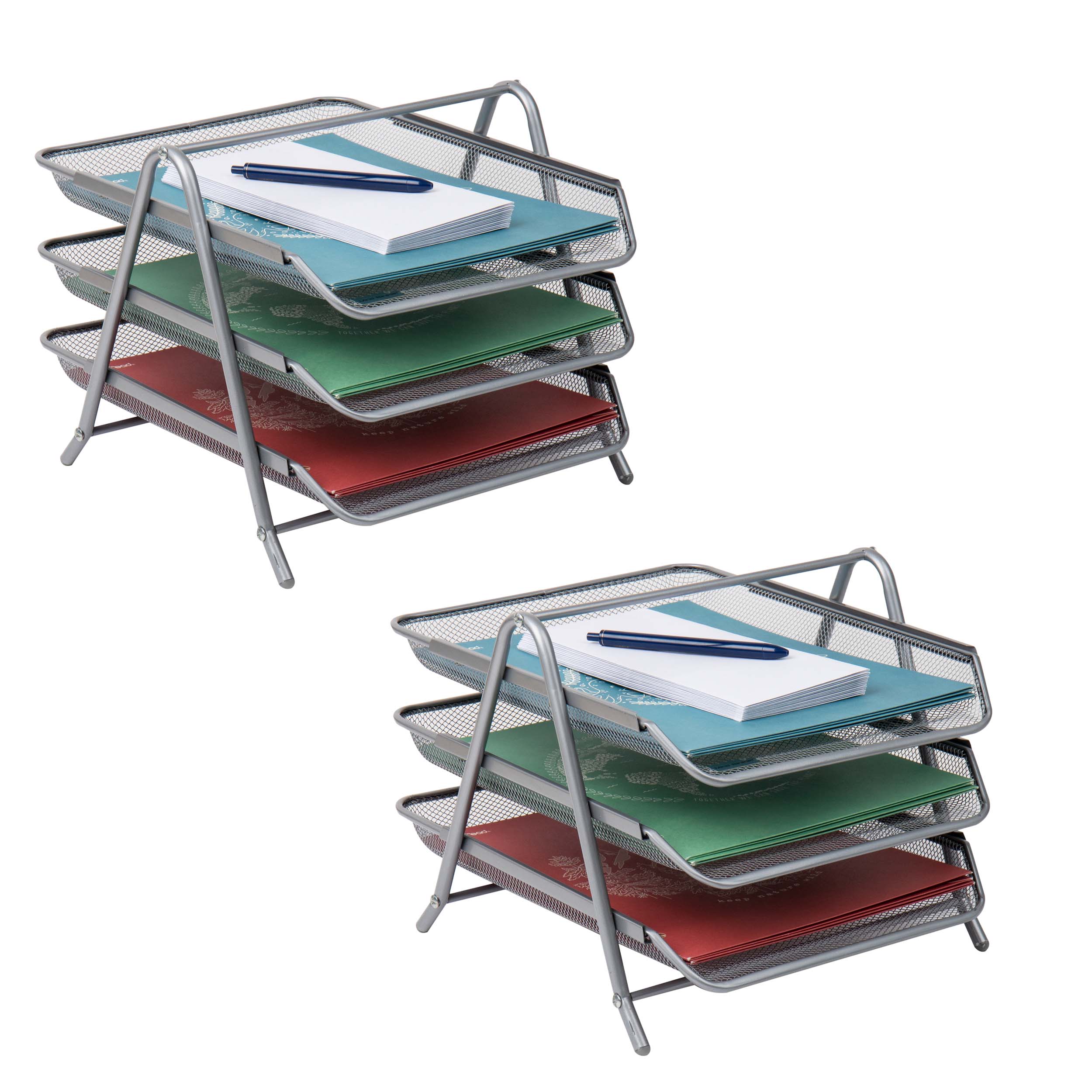 Mind Reader 3TPAP2PK-SIL 2-Pack 3-Compartment Silver Metal Letter Tray