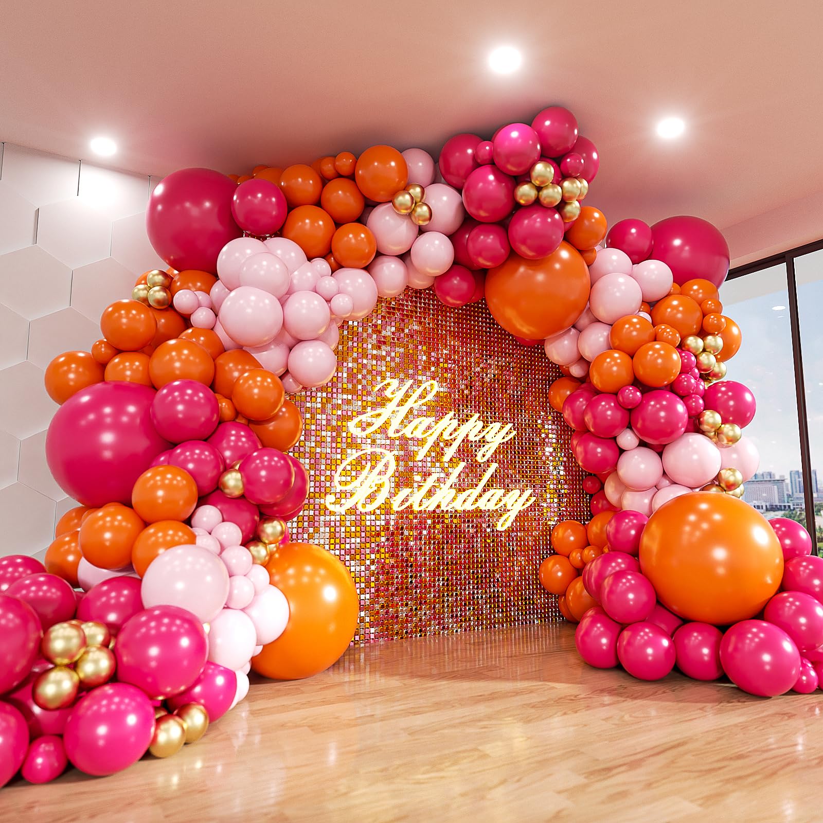 Phewnyzo  Pink and Orange Balloon Arch Kit 161pcs Hot Pink Orange Metallic Gold Latex Balloons in Multiple Sizes for Birthday Baby Shower Wedding